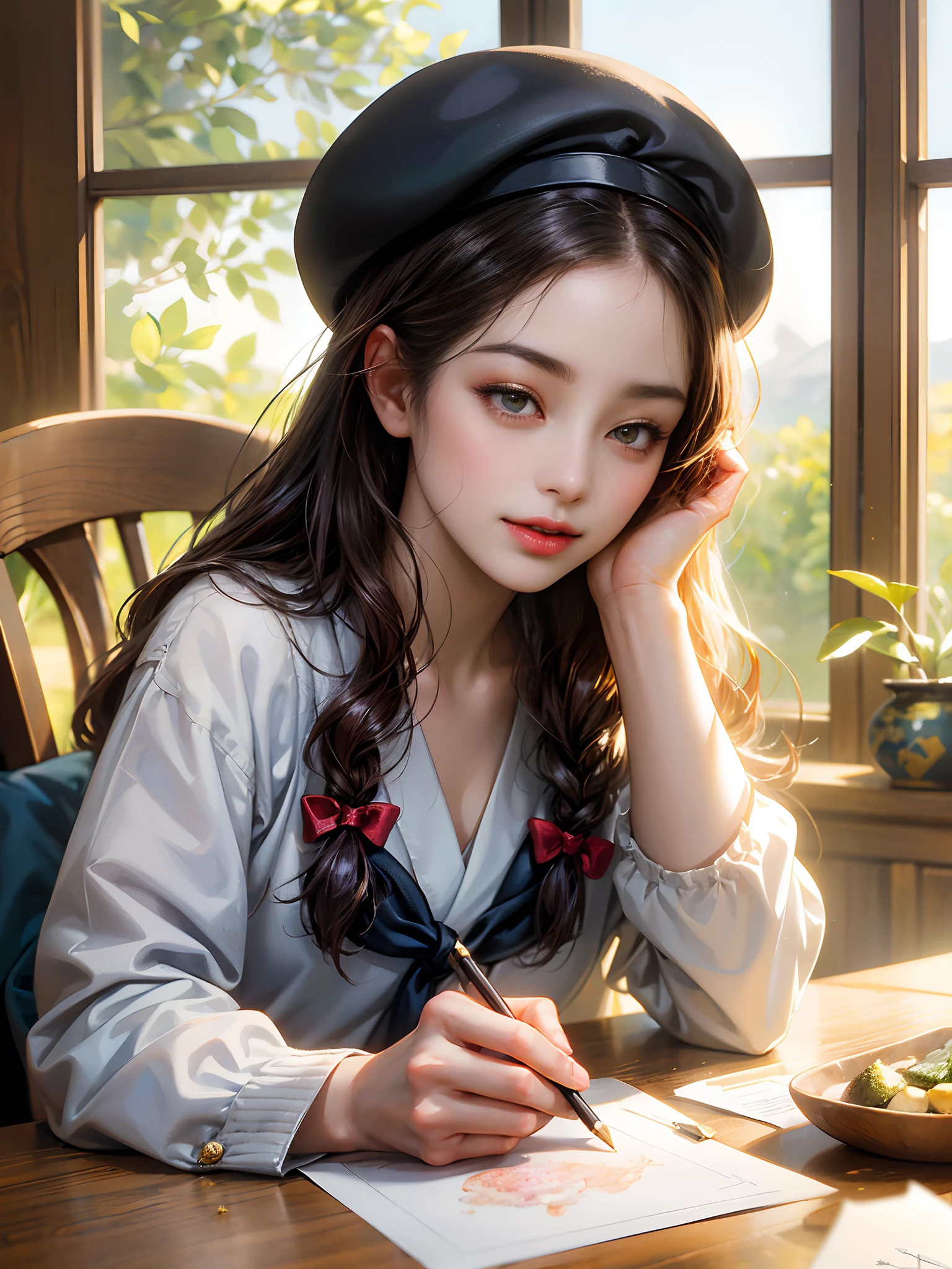 (best quality,ultra-detailed,realistic,artistic:1.2),Shigure from Kantai Collection in a beret cap, peacefully painting a picture, surrounded by other students also drawing. Shigure wears a sailor school uniform, perfectly complementing her serene expression. The art gallery atmosphere creates a relaxing ambiance, with soft natural lighting illuminating the scene. The painting materials and brushes in Shigure's hands showcase her artistic talent, while the vibrant colors and intricate details bring her artwork to life. The artwork captures the essence of peaceful creativity and the joy of art in a captivating manner.