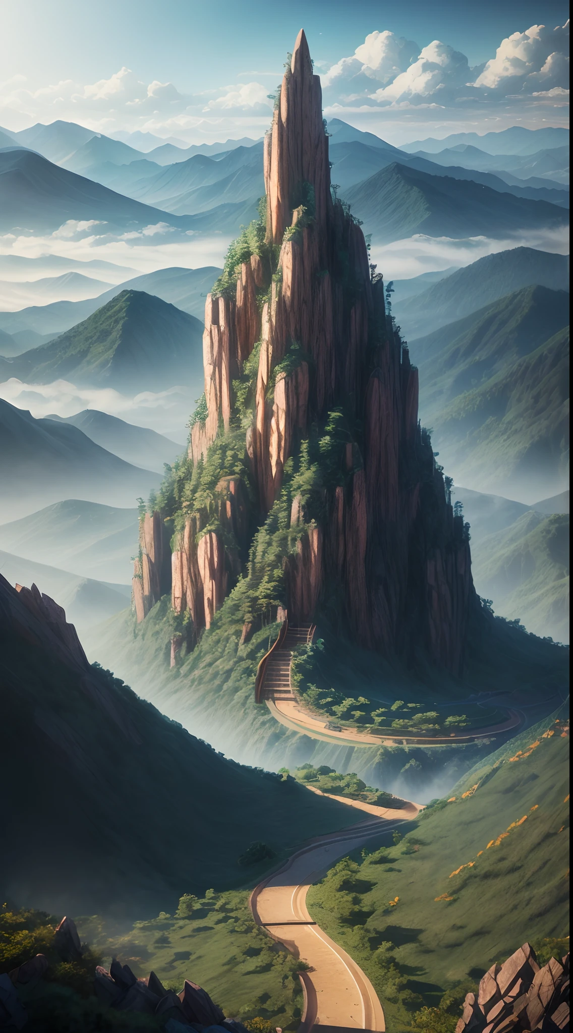 sandbox：1.4），Movie Angle，（suns，baiyun，mountain ranges，ln the forest，rios），（paper art，Quilted paper art，geomerty），（plethora of colors，Best quality，high detal，tmasterpiece，Cinematic lighting effects，4K，Chiaroscuro）