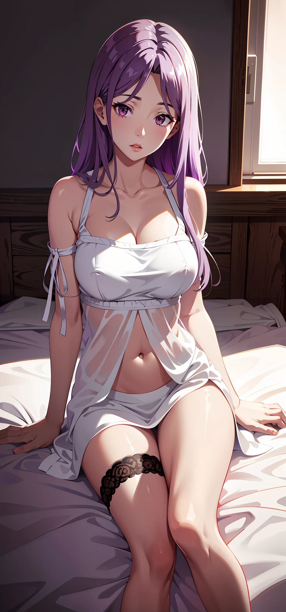 absurd res, high res, (masterpiece:1.4), ultra-detailed, 1girl, tokime, bedroom, sitting, stockings, purple eyes, purple hair, dress, bare shoulders, white dress, navel, hand on breast