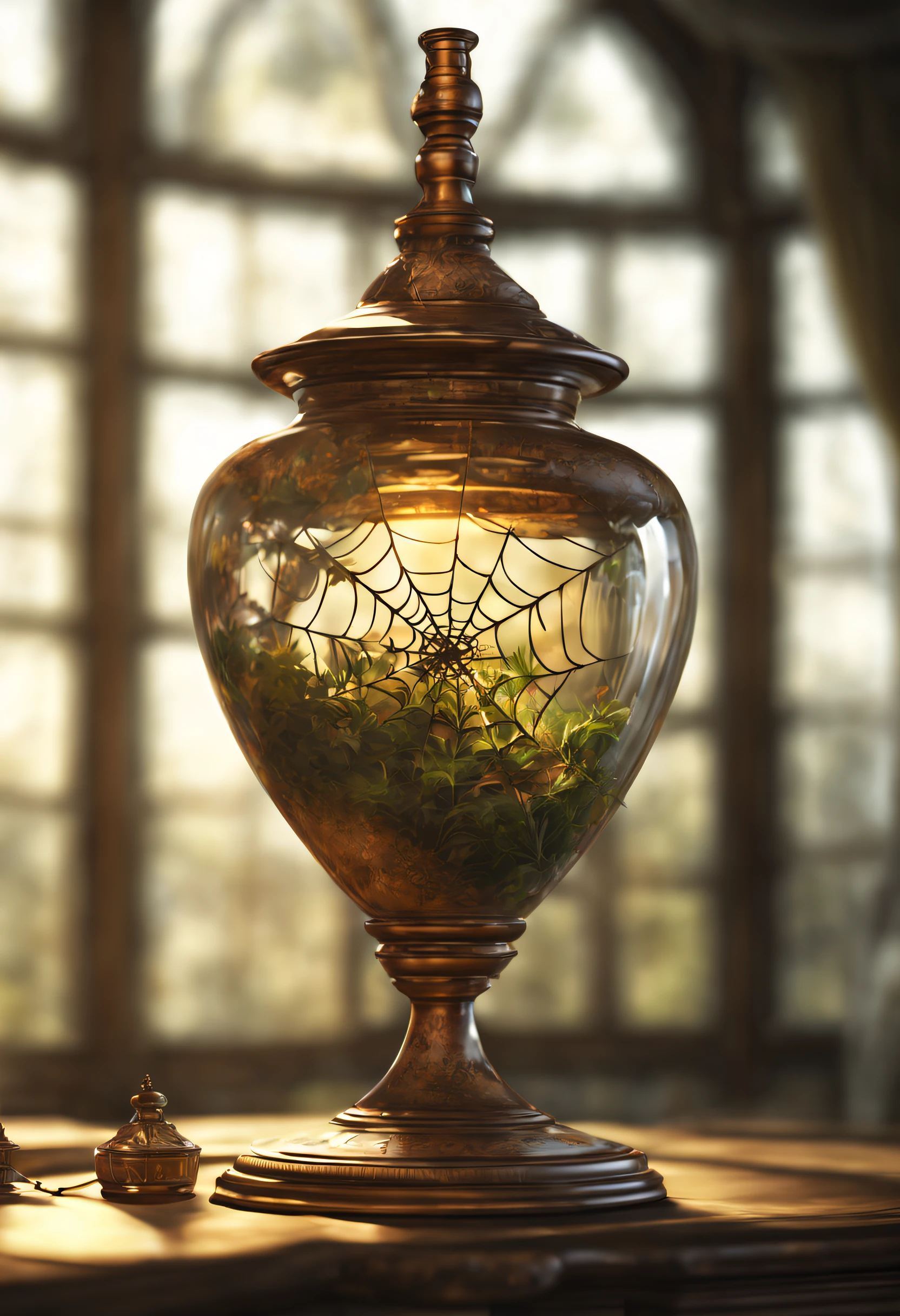 (best quality,4k,8k,highres,masterpiece:1.2),ultra-detailed,(realistic,photorealistic,photo-realistic:1.37),digital art,antique apothecary jar filled with spiderweb,beautiful curves of an hourglass,sunny,atrium background,cinematic,sharpen filters,volumetric light,octane rendering