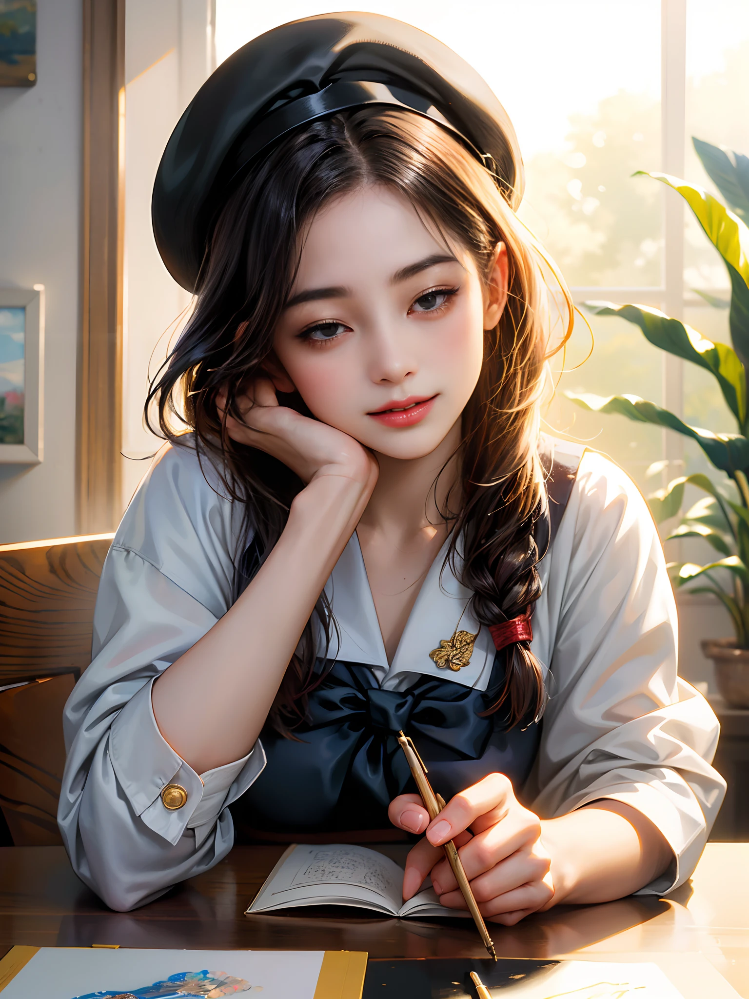 (best quality,ultra-detailed,realistic,artistic:1.2),Shigure from Kantai Collection in a beret cap, peacefully painting a picture, surrounded by other students also drawing. Shigure wears a sailor school uniform, perfectly complementing her serene expression. The art gallery atmosphere creates a relaxing ambiance, with soft natural lighting illuminating the scene. The painting materials and brushes in Shigure's hands showcase her artistic talent, while the vibrant colors and intricate details bring her artwork to life. The artwork captures the essence of peaceful creativity and the joy of art in a captivating manner.