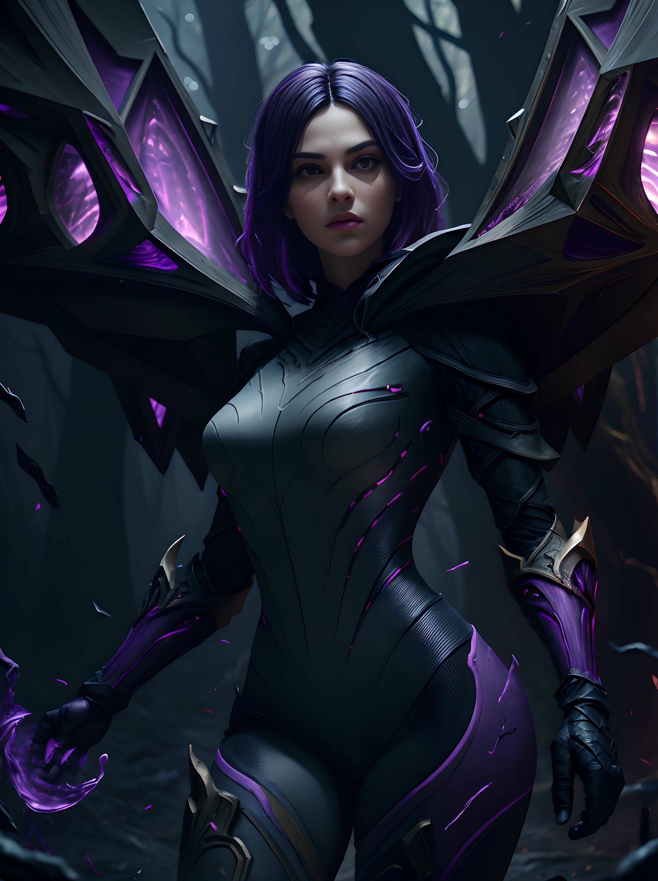 (Gray gloomy background, Dark Forest. Gloomy and hopeless, Dark dramatic lighting, vignette), 1girl, Anthony, League of Legends, control, Purple wings, dark violet hair, violet eyes, serious expression, looking at the audience, (dynamicpose), (Wings of the Void), arma, Masterpiece, extremely detailed CG unity 8k wallpaper, Best Quality, 12), Clear Focus, Aperture, Void Field, A surge of dark magic, gotik, Burnt purple gradient, Magic, Nature, Magic Splash, 3D vector graphics, Fantasy art, watercolor effect, bokeh, hand-drawn, Digital Painting, soft-lighting, isometric style, retro aesthetics, 4k resolution, с Cinema 4D, natural lighting, Cinematic, Masterpiece, Highly detailed, Intricate, Extreme textures, Horror, terrific, Creepy, Scarimok a sense of sophistication and tranquility. Accentuate the low-poly style, The overall aesthetic should be sleek and stylish, which makes it suitable for branding and logo.