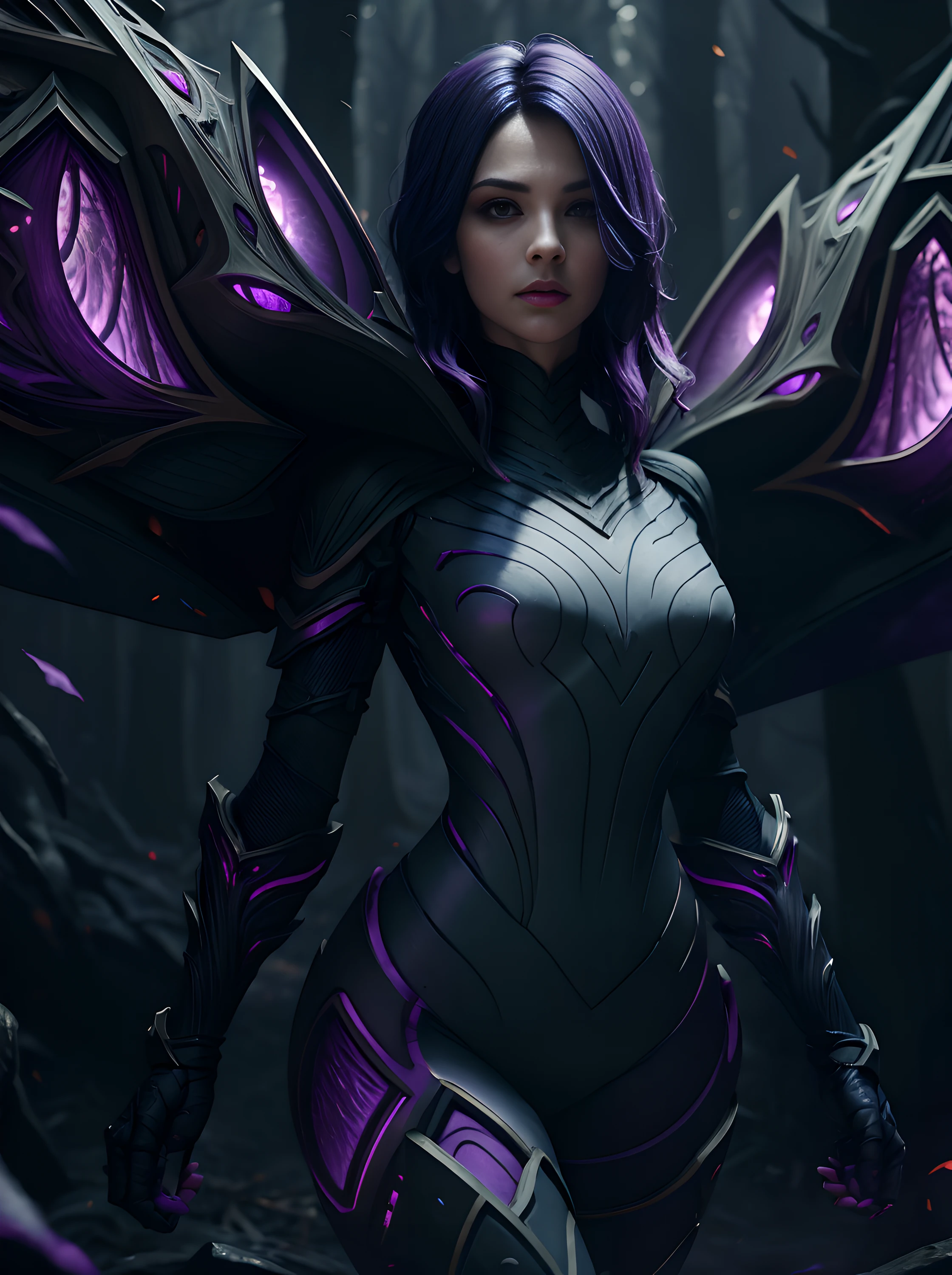 (Gray gloomy background, Dark Forest. Gloomy and hopeless, Dark dramatic lighting, vignette), 1girl, Anthony, League of Legends, control, Purple wings, dark violet hair, violet eyes, serious expression, looking at the audience, (dynamicpose), (Wings of the Void), arma, Masterpiece, extremely detailed CG unity 8k wallpaper, Best Quality, 12), Clear Focus, Aperture, Void Field, A surge of dark magic, gotik, Burnt purple gradient, Magic, Nature, Magic Splash, 3D vector graphics, Fantasy art, watercolor effect, bokeh, hand-drawn, Digital Painting, soft-lighting, isometric style, retro aesthetics, 4k resolution, с Cinema 4D, natural lighting, Cinematic, Masterpiece, Highly detailed, Intricate, Extreme textures, Horror, terrific, Creepy, Scarimok a sense of sophistication and tranquility. Accentuate the low-poly style, The overall aesthetic should be sleek and stylish, which makes it suitable for branding and logo.