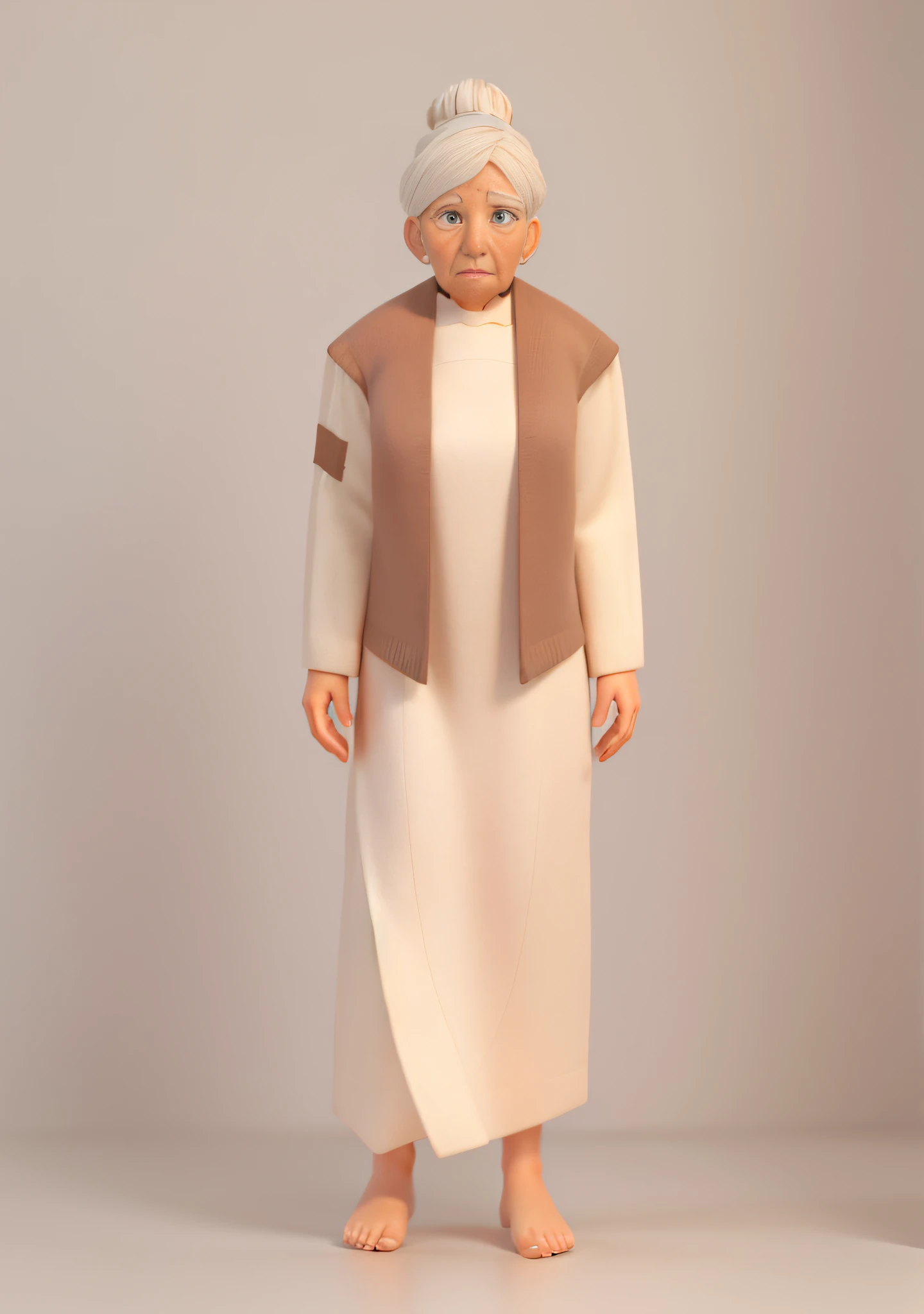 white background, 3d rendered, cartoon, An old lady, dark brown cardigan outer, cream color dress, white hair, hair bun, barefoot, (stoop, flat chest), wizened face,
