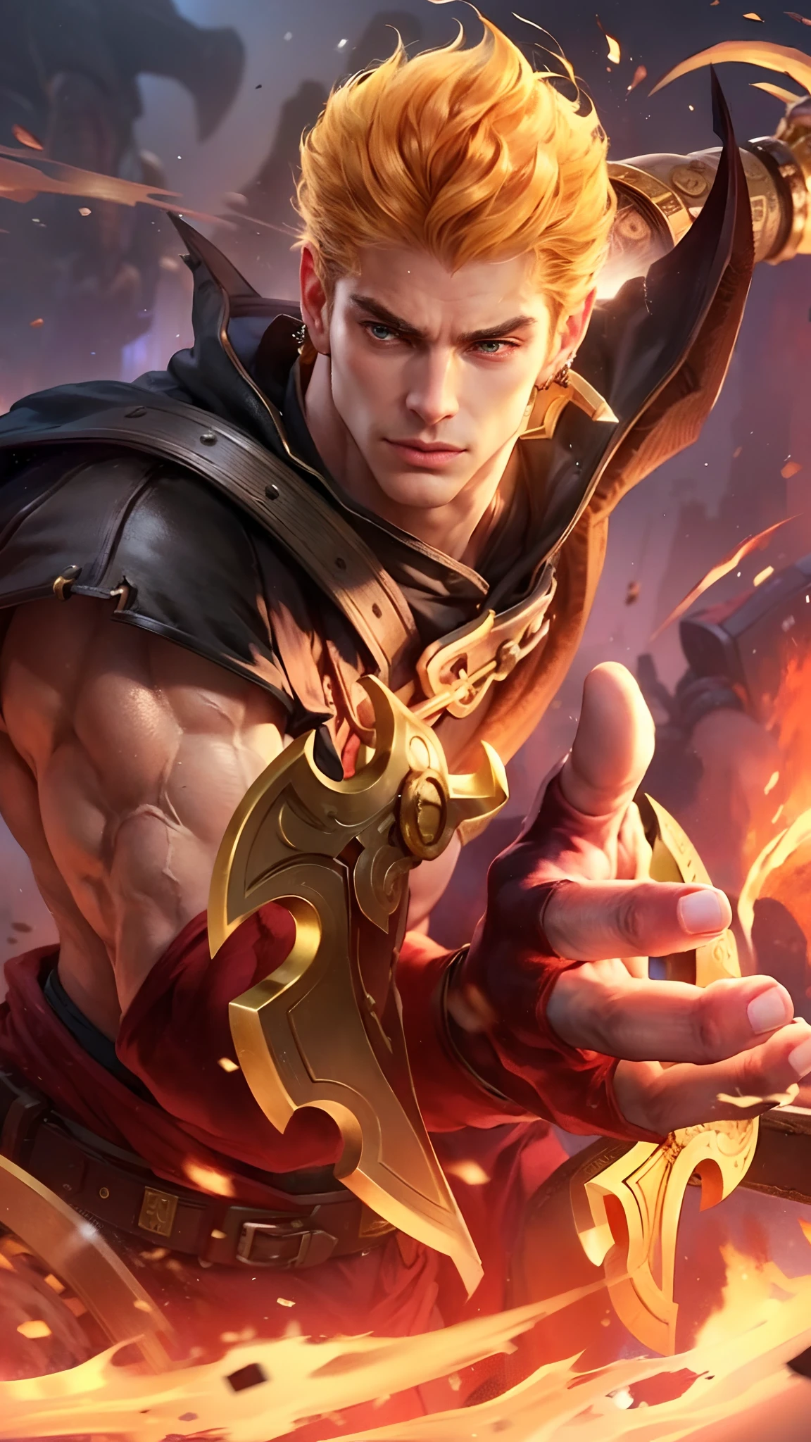 (((masutepiece, Best Quality, ultra-detailed))), (Male talented assassin, solo, fighting in acrobatic action, Unapproachable vibe, Serious, Perfect fingers, Perfect hands, Looking down to Viewer), 35 years old, (Medieval assassin costume, long assassin cloak, mouth mask), Medieval secret guild outside as background, moon lighting, From below, Dynamic Angle, Purple hair, Very short hair, Male face, villain's face, Forehead, male eyebrows, Male Eyes, sharp nose, vein, adam's apple, (Sharp eyes), Red pupils glowing, no weapon,