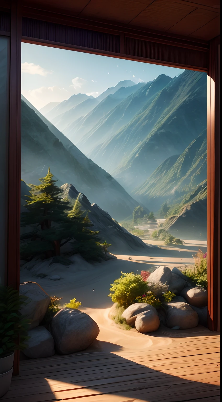sandbox:1.4),Movie Angle,(suns,baiyun,mountain ranges,ln the forest,rios),(paper art,Quilted paper art,geomerty),(plethora of colors,Best quality,high detal,tmasterpiece,Cinematic lighting effects,4K,Chiaroscuro)