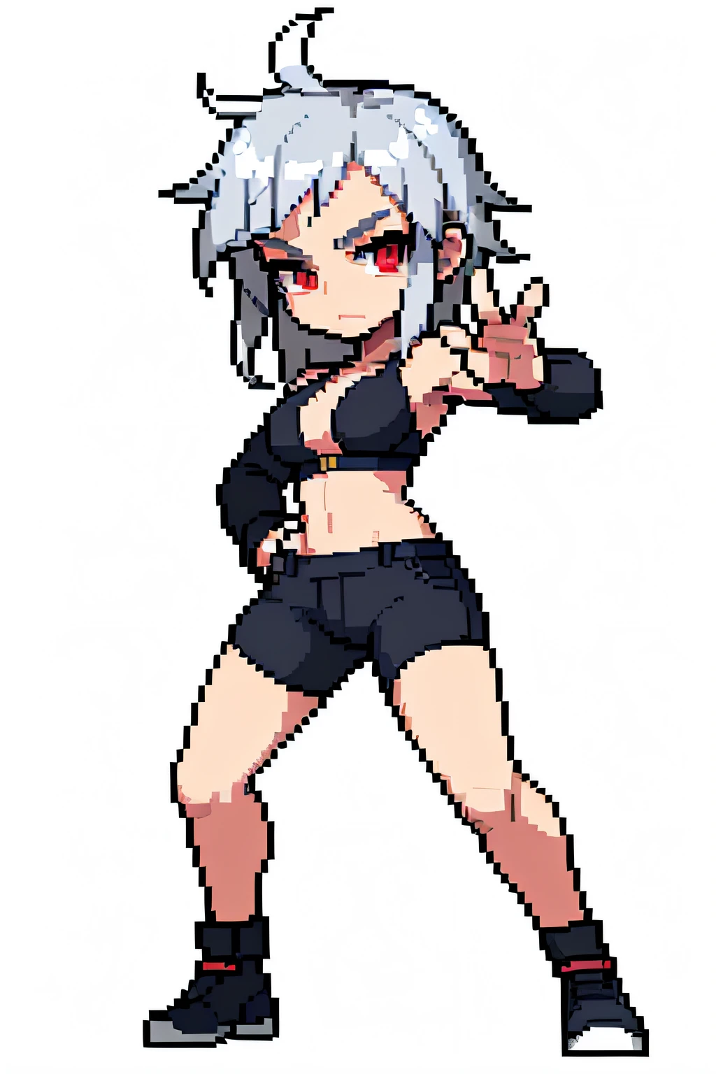 (masterpiece, top quality, best quality, less detail, 8-bit color), pixel,pixel art,1girl,beauty face,full body, attack pose, US style, poor jacket, game asset, simple silver hair, simple bra on top, simple short pant, silver hair, red eyes, fire element,