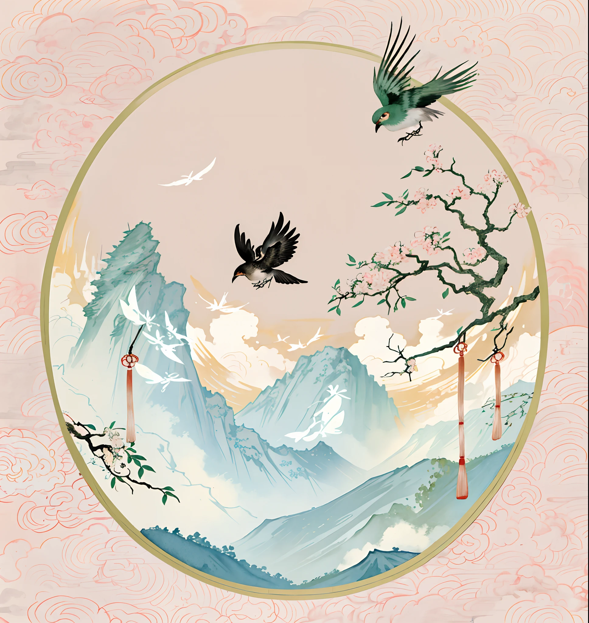 There are two birds flying over a circle over the mountain, Chinese watercolor style, Chinese style painting, Chinese painting style, Japanese style painting, Chinese landscape, A beautiful artwork illustration, Japanese art style, inspired by Ma Yuanyu, fairy tale style background, Traditional Chinese painting, in the art style of ukiyo - e, Many birds and osmanthus flowers flew around
