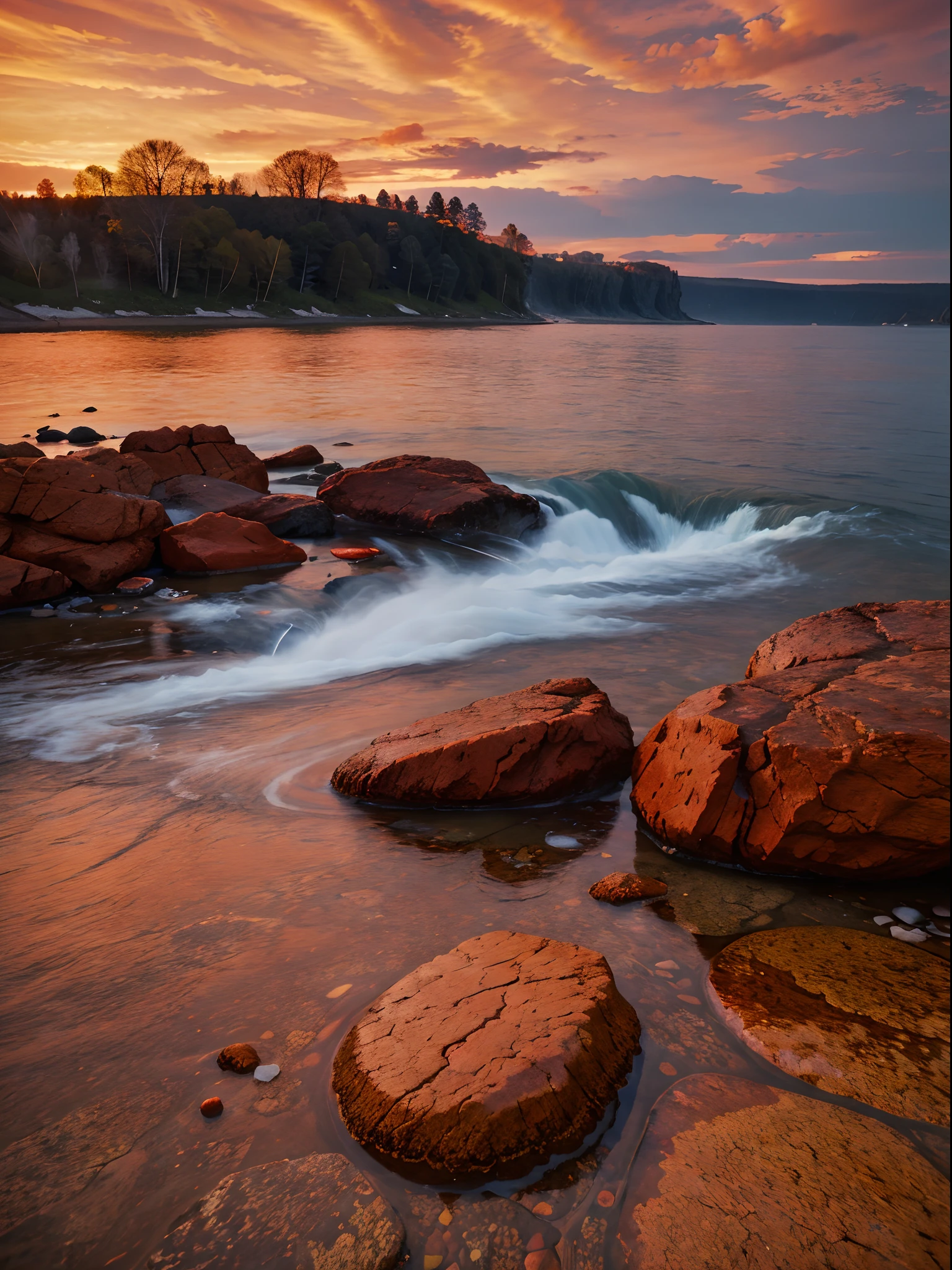 A view where fiery red sky meets water, Merge elements in chaos, ultrarealism oil painting, Epic, Robert Frank, Detailed, Realistic, 8K  UHD, High quality,Stone in the foreground, RAW photo, full sharp, Wallpapper 8K UHD, Digital SLR, Soft lighting, High quality, filmgrain, Fujifilm XT3,vivd colour