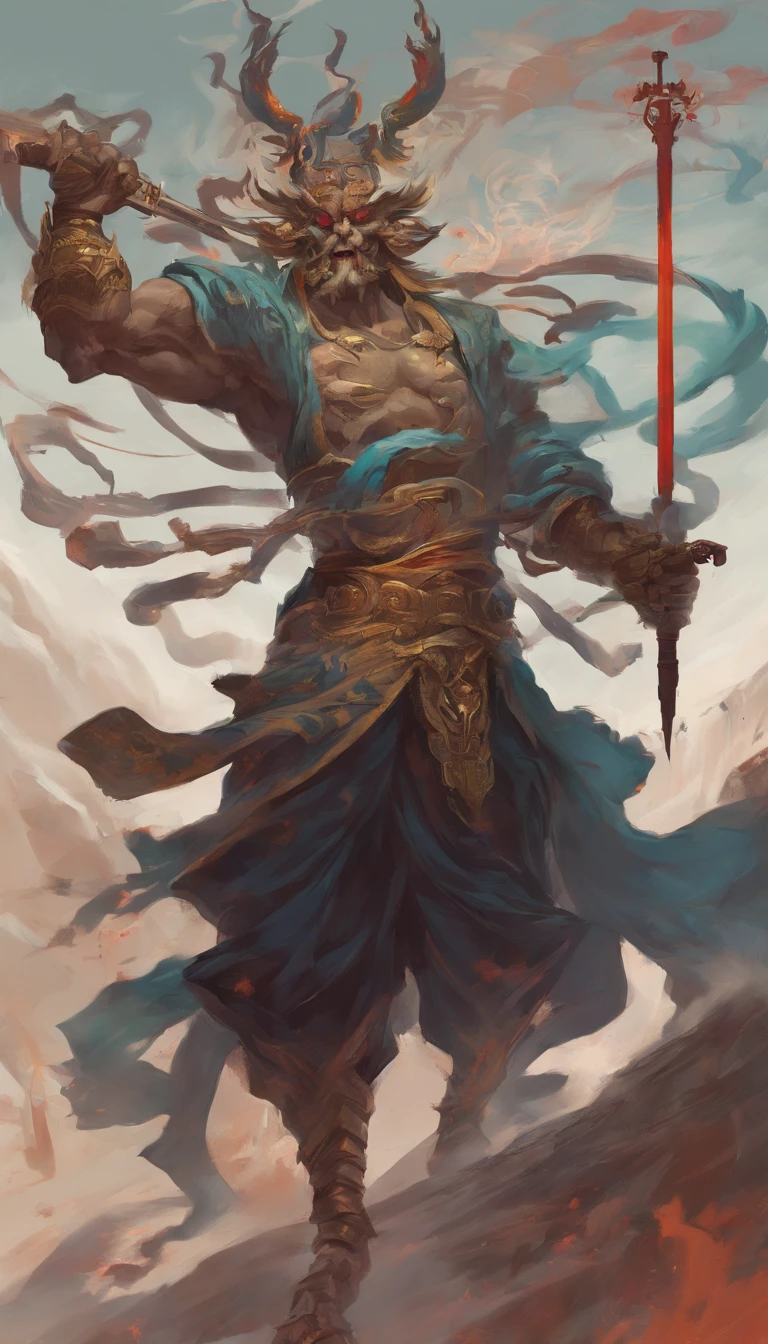 tmasterpiece，best qualtiy，超高分辨率，Detailed details，A painting of a man with a sword and a demon, beautiful male god of death, mohrbacher, inspired by Shunkōsai Hokushū, In the artistic style of Morebach, asura from chinese myth, the god of chaos, 详细的脸, Inspired by Ryūkōsai Jokei, in style of peter mohrbacher