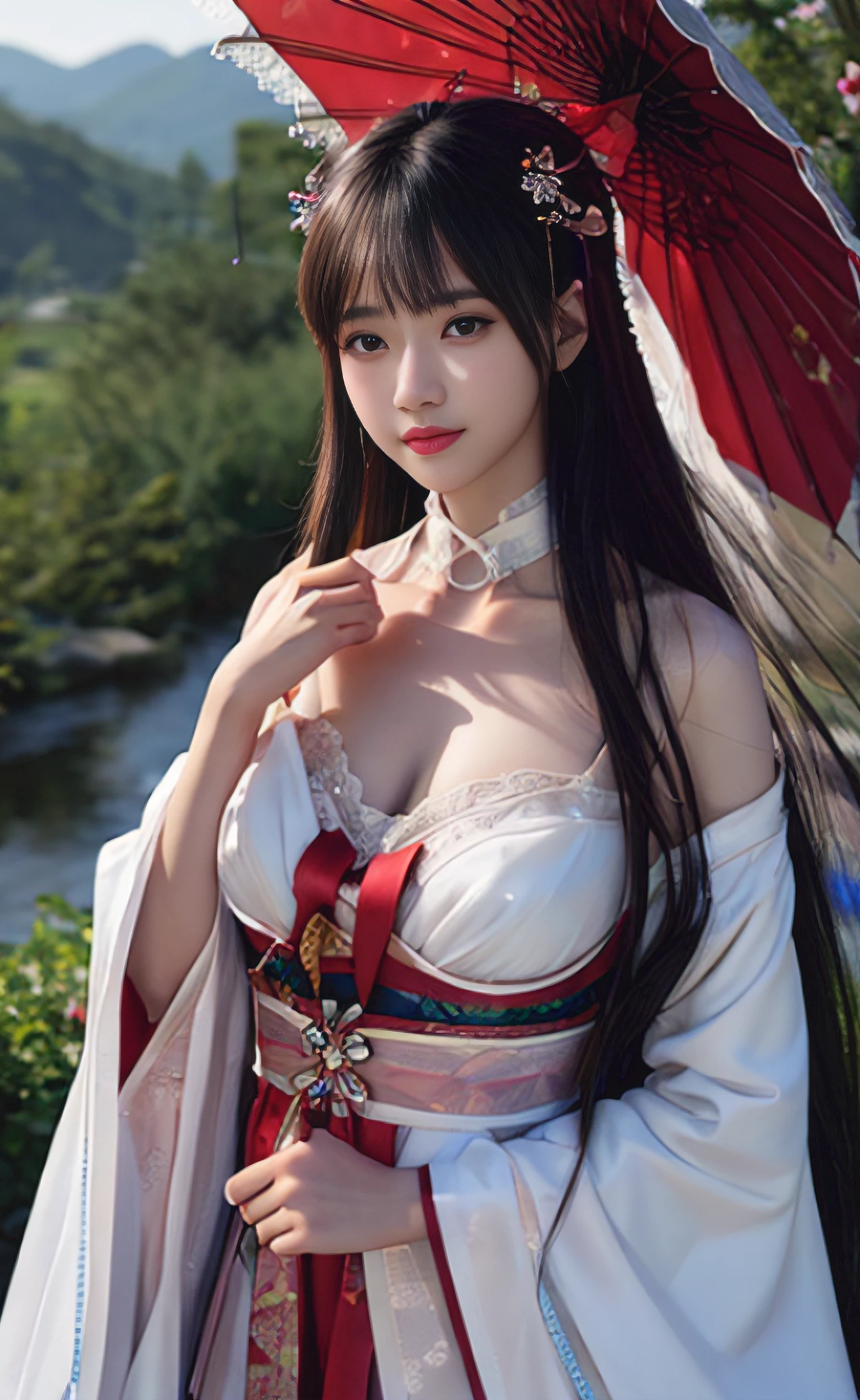 female,masterpiece, realistic, best quality, ultra detailed, cowboy_shot, long hair, white hair, red lips, jewelery,hanfu, kungfu wear, colorful clothing,cherry blossom,thighhighs