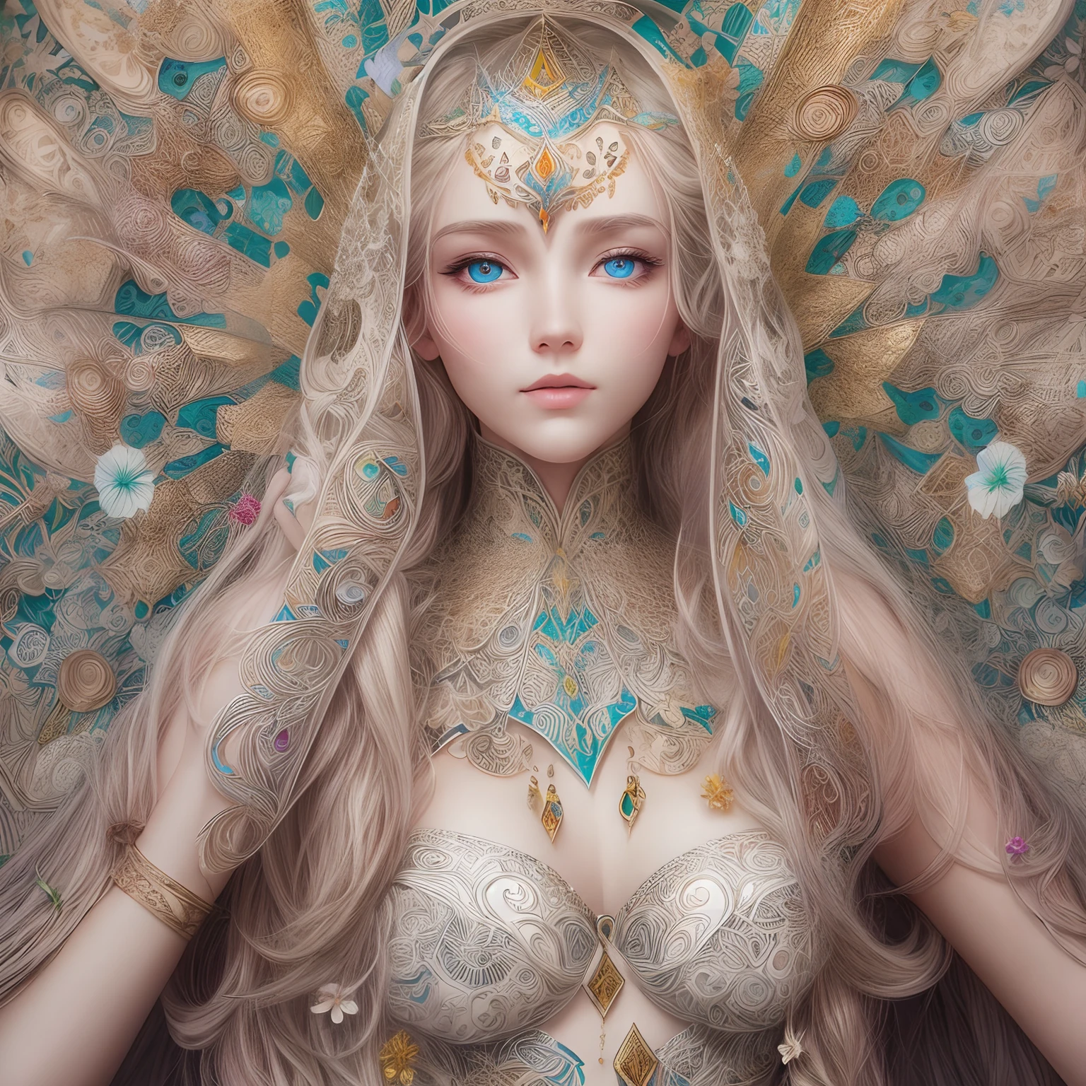 （Beauty side face，long whitr hair，eye closeds，Masterpiece Narcissus），with rainbow colored background，（illustratio：1.2，paper art：1.2，zentangle，3Drenderingof），（best qualtiy，high detal，tmasterpiece，Cinematic lighting effects，4K，Chiaroscuro）