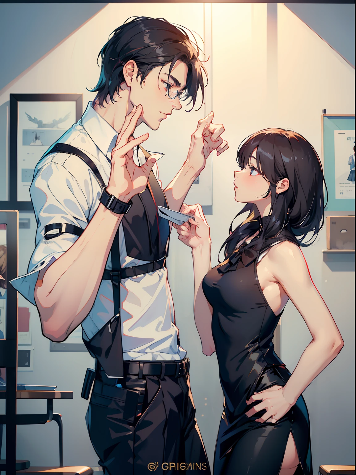 top-quality masterpiece Male and female couples Girl sitting on a chair wearing a tight skirt over a blouse。Boys hugging each other from behind。Boy in high school long pants uniform with mash cut hairstyle。Without glasses、Revenge relationship