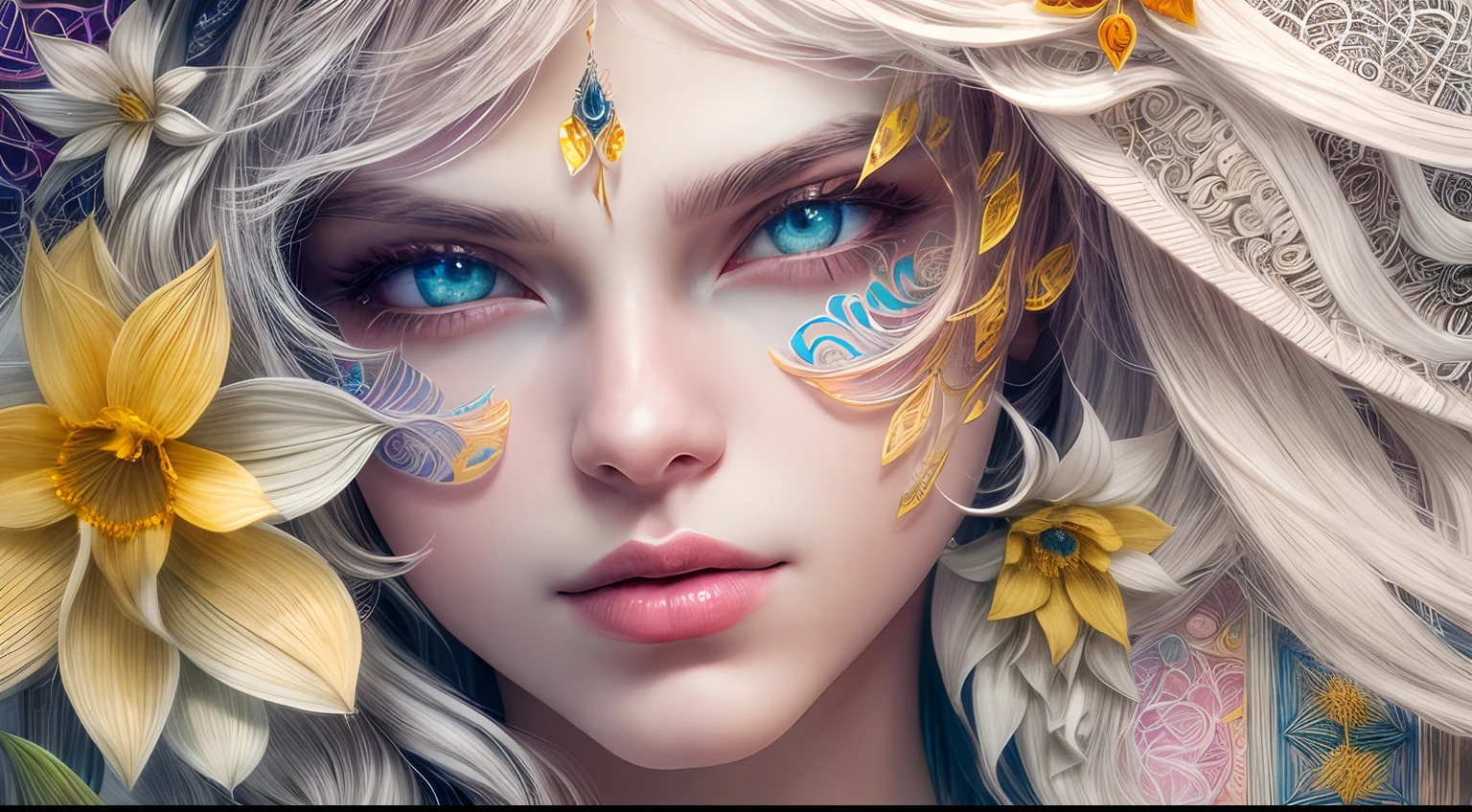 （Beauty side face，long whitr hair，eye closeds，Masterpiece Narcissus），with rainbow colored background，（illustratio：1.2，paper art：1.2，zentangle，3Drenderingof），（best qualtiy，high detal，tmasterpiece，Cinematic lighting effects，4K，Chiaroscuro）