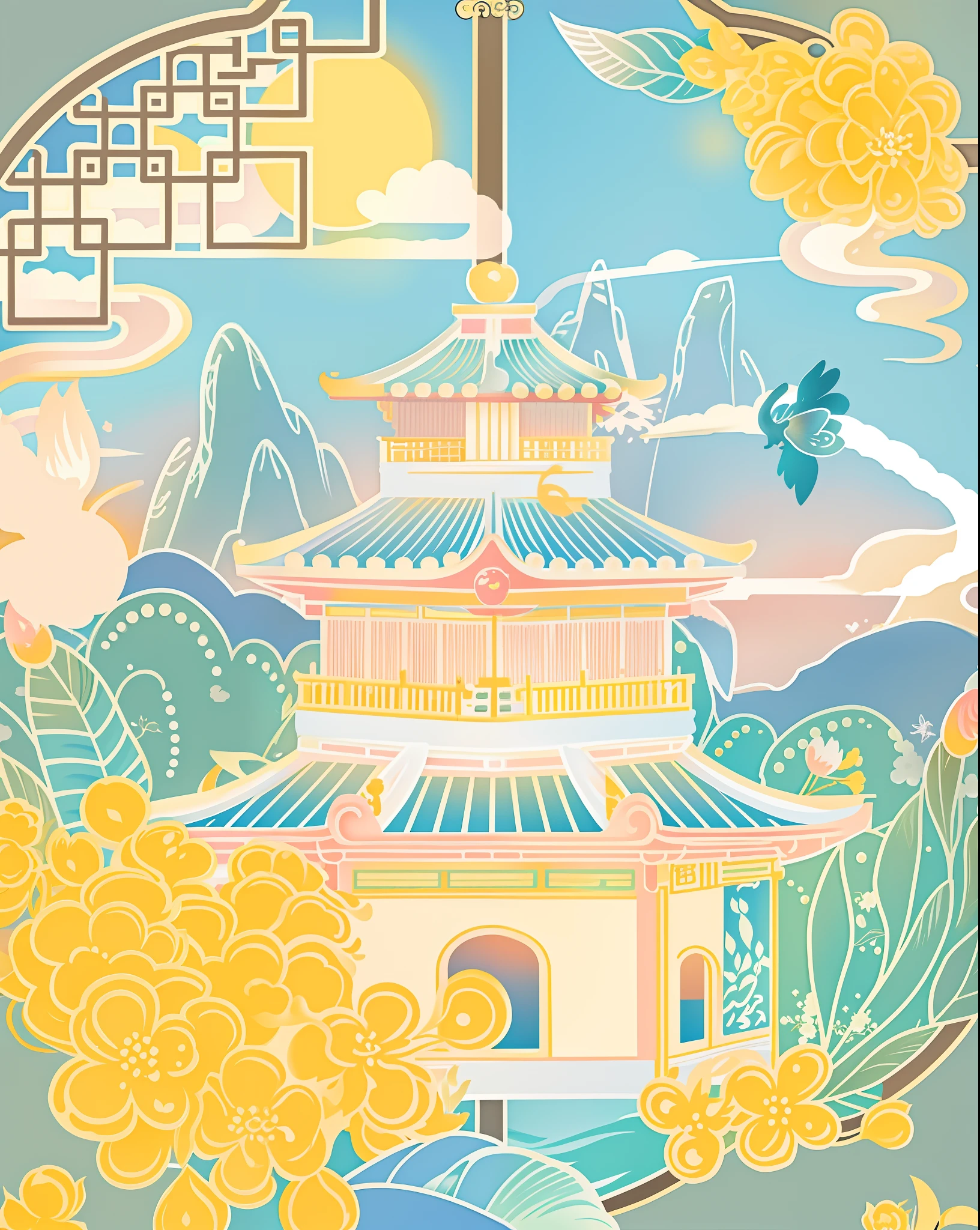 There is a photo of a Chinese landscape，There are a lot of flowers in it, Temple background, background depicting a temple, digital painting of a pagoda, Chinese watercolor style, palace background, fairy tale style background, palace floating in heaven, Zen temple background, flying cloud castle, A beautiful artwork illustration, jellyfish temple, Japanese art style, scenery art detailed, cyberpunk chinese ancient castle