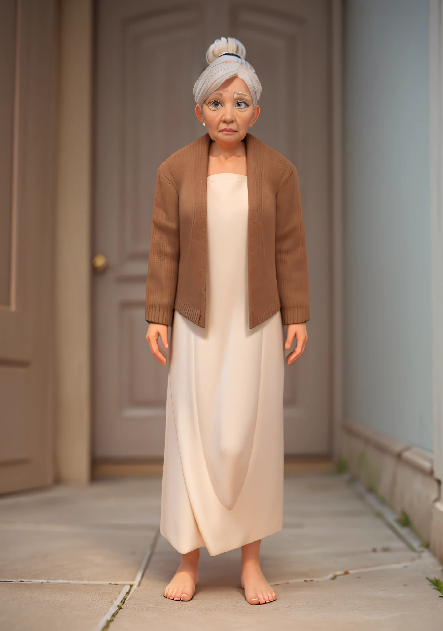 3d rendered, cartoon, An old lady, dark brown cardigan outer, cream color dress, white hair, hair bun, barefoot, (stoop, flat chest), wizened face,