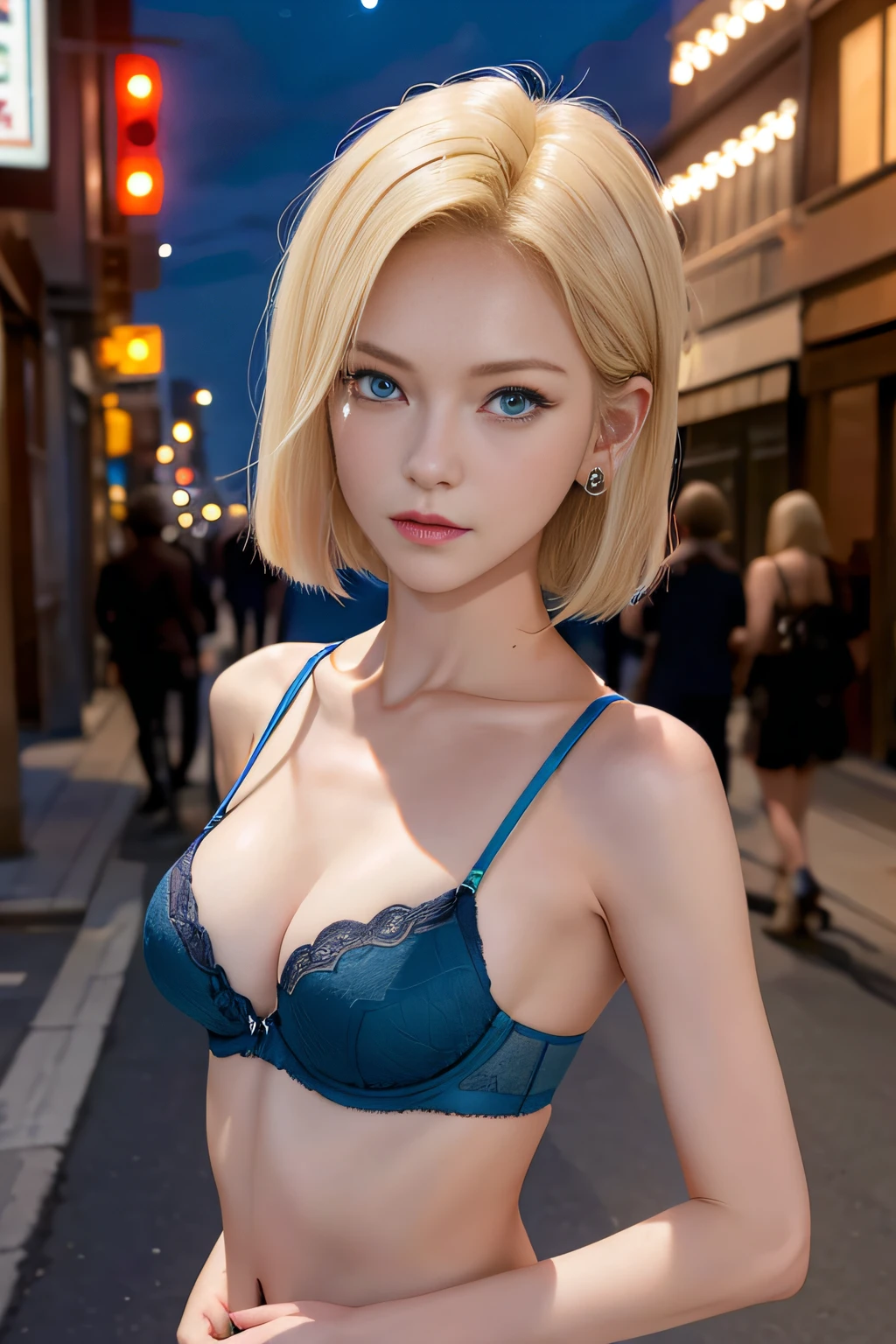 top-quality, hight resolution, 18 with, 1girl in, Android 18, 独奏, blonde hair, blue eyess, shorth hair, 耳Nipple Ring, jewely, Medium chest, cowboy shot, Street, bra very, Night city,