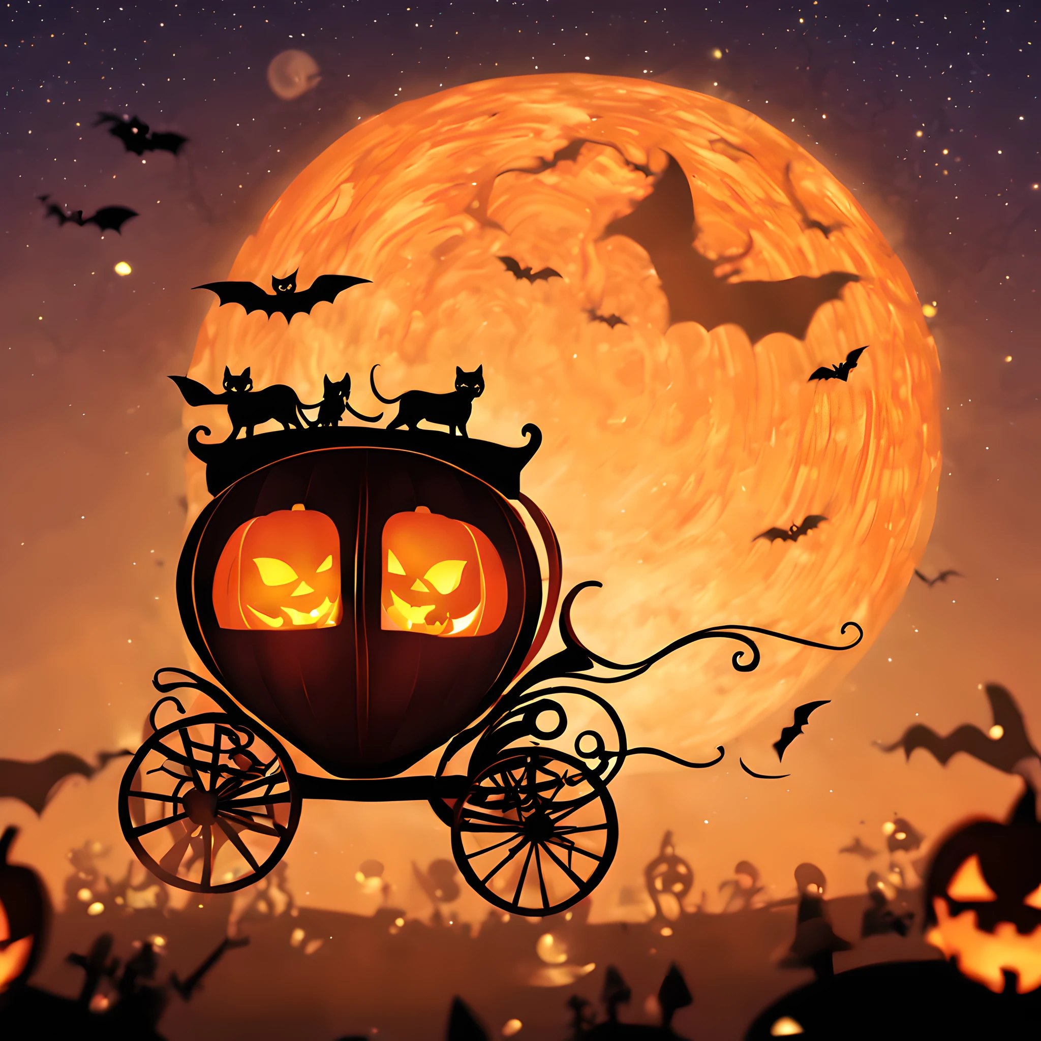 (halloween theme:1.5), (Pumpkin Carriage:1.5), chibi emote, flying starry sky like a movie "ET", Like the famous scene of the movie ET、Pumpkin Carriage soars through the sky、under huge full moon, silhuette、