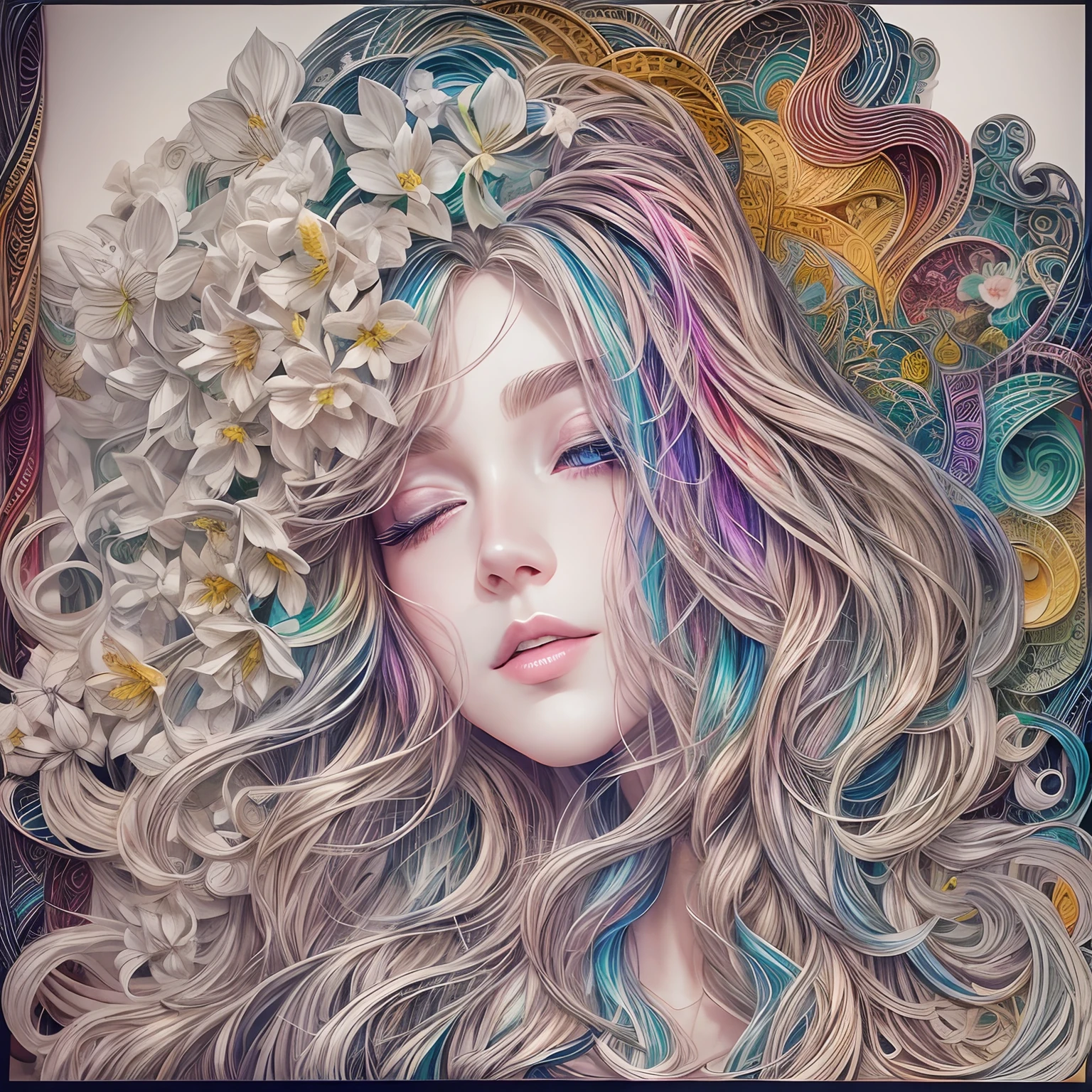 (Beauty side face,long whitr hair,eye closeds,Masterpiece Narcissus),with rainbow colored background,(illustratio:1.2,paper art:1.2,zentangle,3Drenderingof),(best qualtiy,high detal,tmasterpiece,Cinematic lighting effects,4K,Chiaroscuro)