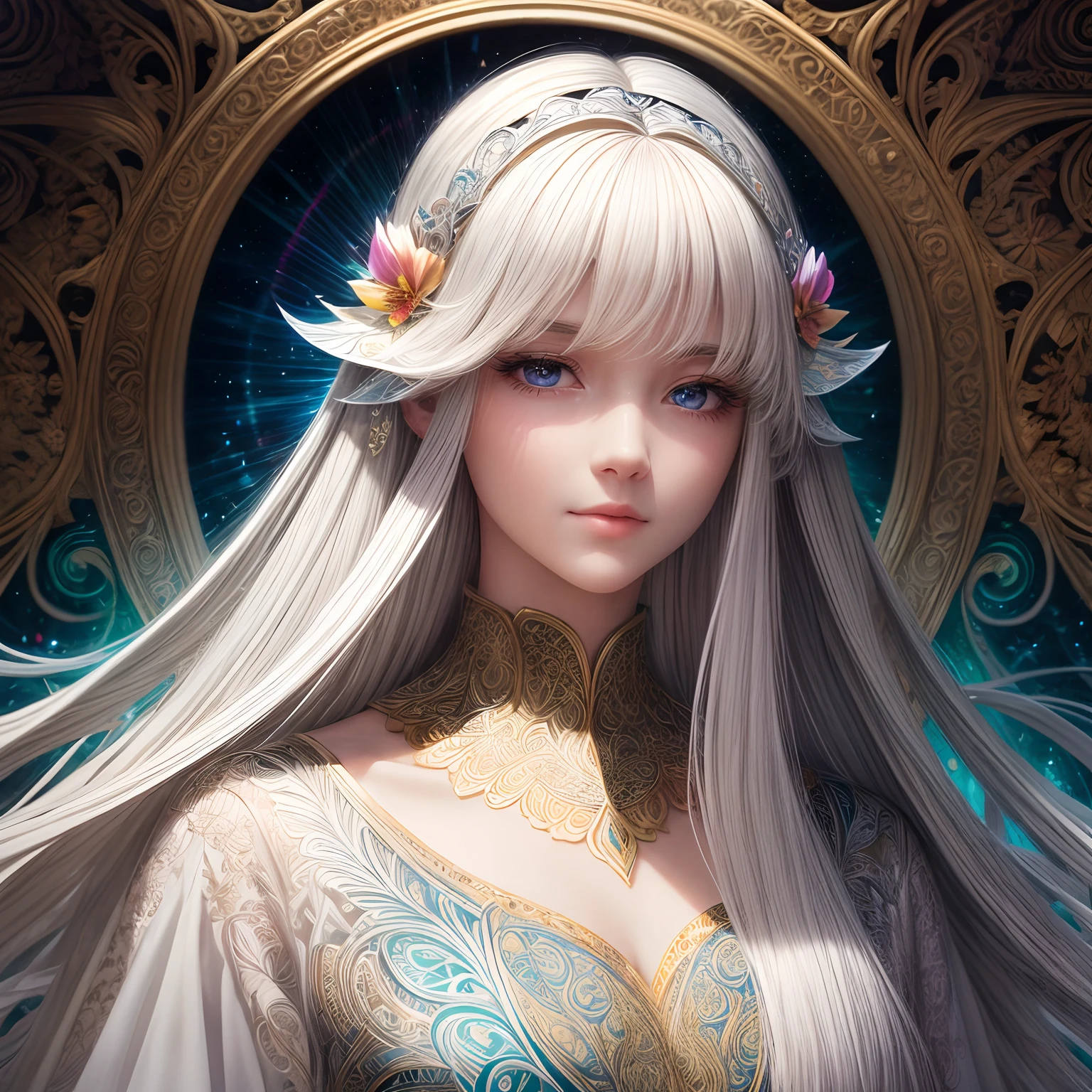 (Beauty side face,long whitr hair,eye closeds,Masterpiece Narcissus),with rainbow colored background,(illustratio:1.2,paper art:1.2,zentangle,3Drenderingof),(best qualtiy,high detal,tmasterpiece,Cinematic lighting effects,4K,Chiaroscuro)