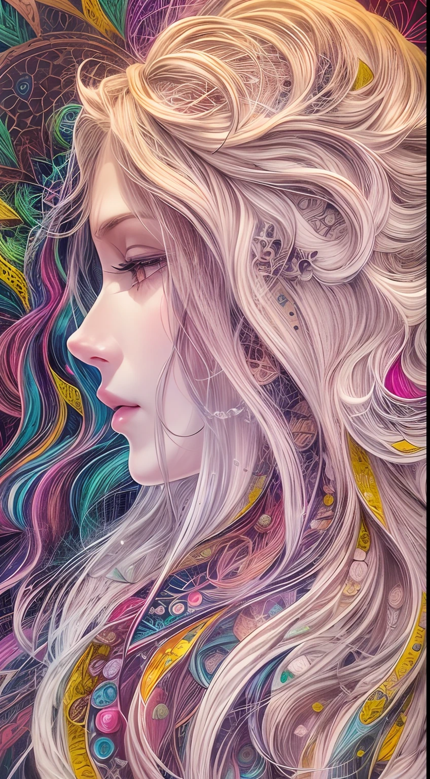 (Beauty side face,long whitr hair,eye closeds,Masterpiece Narcissus),with rainbow colored background,(illustratio:1.2,paper art:1.2,zentangle,3Drenderingof),(best qualtiy,high detal,tmasterpiece,Cinematic lighting effects,4K,Chiaroscuro)