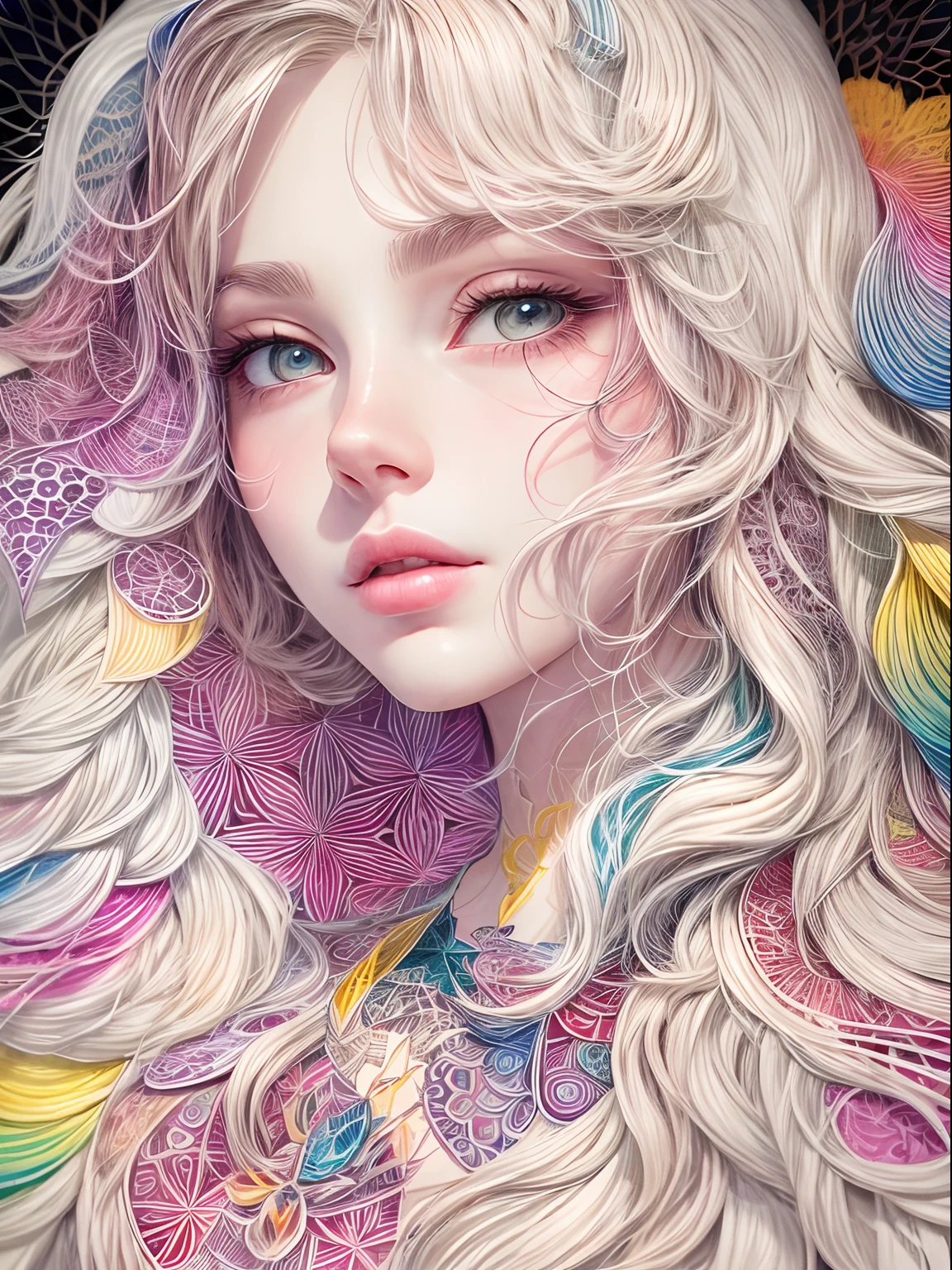 （Beauty side face，long whitr hair，eye closeds，Masterpiece Narcissus），with rainbow colored background，（illustratio：1.2，paper art：1.2，zentangle，3Drenderingof），（best qualtiy，high detal，tmasterpiece，Cinematic lighting effects，4K，Chiaroscuro）