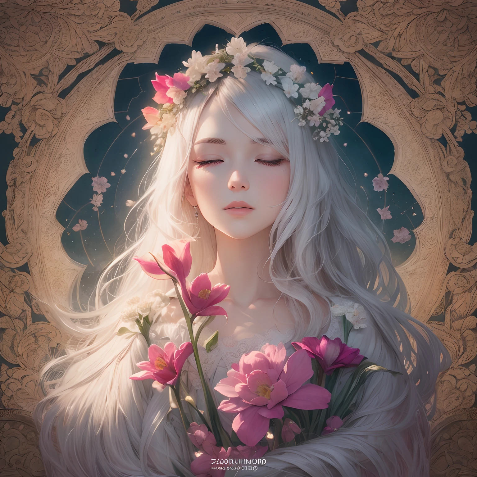 A woman with long white hair and flowers in her hair - SeaArt AI