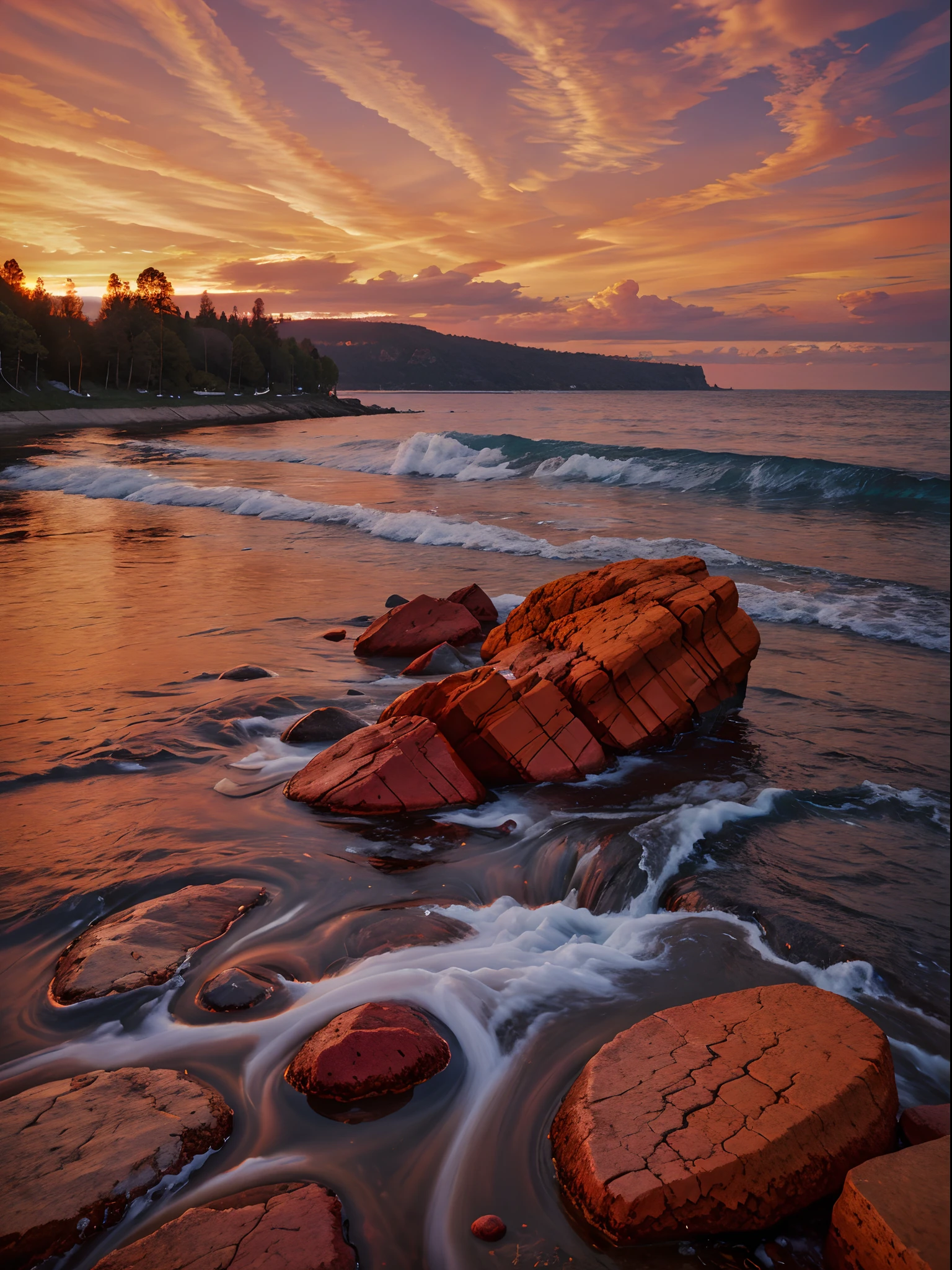 A view where fiery red sky meets water, Merge elements in chaos, ultrarealism oil painting, Epic, Robert Frank, Detailed, Realistic, 8K  UHD, High quality,Stone in the foreground, RAW photo, full sharp, Wallpapper 8K UHD, Digital SLR, Soft lighting, High quality, filmgrain, Fujifilm XT3,vivd colour