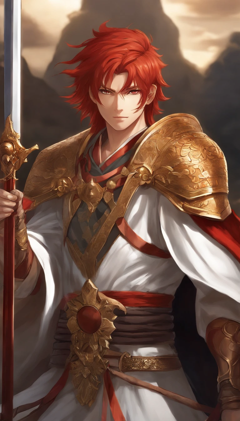 anime character with red hair holding a sword and a sword, crono, advanced digital anime art ”, akira from chinese mythology, shikanosuke yagaki, legendary god holding spear, akiyuki shinbou, gurenn lagann, anime character, handsome japanese demon boy, anime arts, fox nobushi, ryuu, bara, yu - no