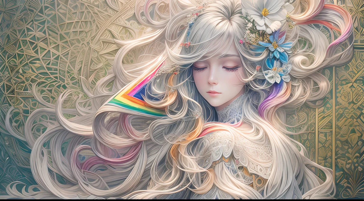 （Beauty side face，long whitr hair，eye closeds，Masterpiece Narcissus），with rainbow colored background，（illustratio：1.2，paper art：1.2，zentangle，3Drenderingof），（best qualtiy，high detal，tmasterpiece，Cinematic lighting effects，4K，Chiaroscuro）