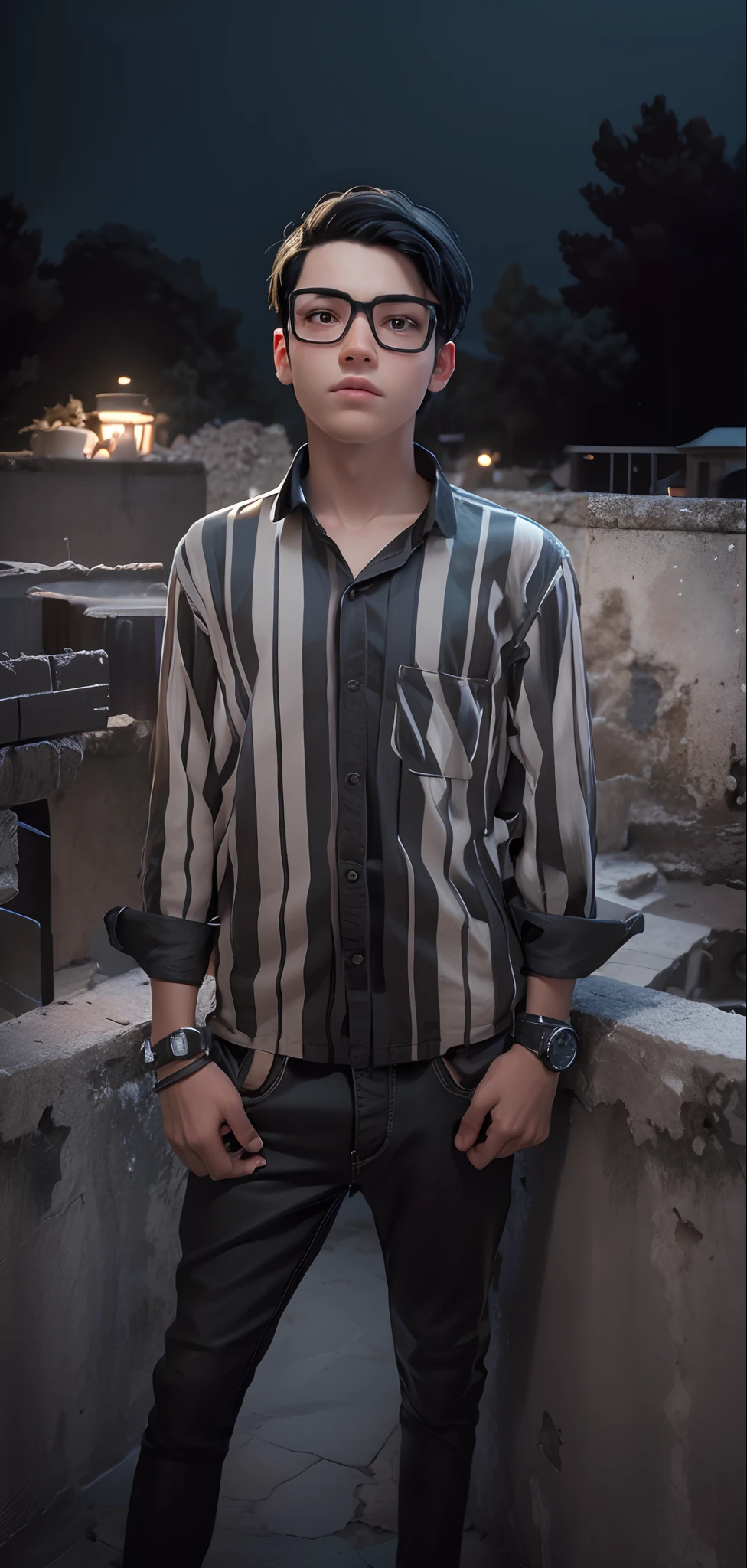 Boy made in abys, black hair, in the darkness