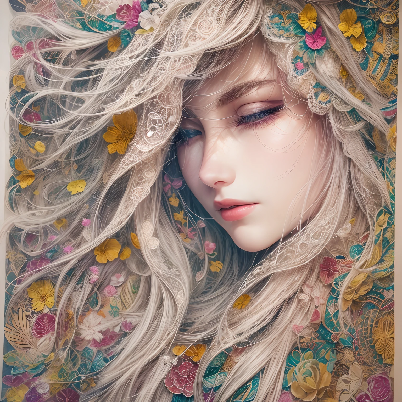 (Beauty side face,long whitr hair,eye closeds,Masterpiece Narcissus),with rainbow colored background,(illustratio:1.2,paper art:1.2,zentangle,3Drenderingof),(best qualtiy,high detal,tmasterpiece,Cinematic lighting effects,4K,Chiaroscuro)