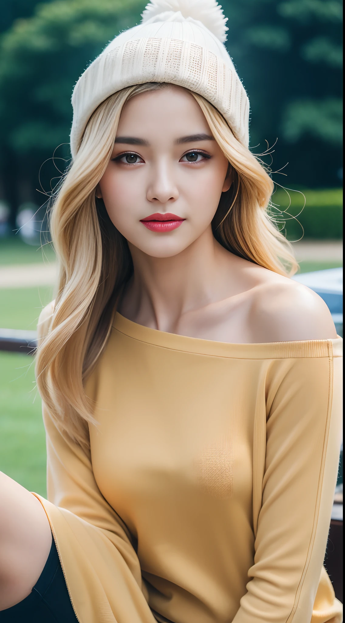 ((Day, Best Quality, 8K, Realistic)), Half Body: 1.4, Slender Abs: 1.2, ((Long ash-blonde hair, Medium Breasts: 1.2)), (White long sleeves, Tight short pants, Tone sunglasses, Swag beanie, Off_shoulder, Sitting: 1.1), (Outdoor, Park, Realistic park background, Day lights), Highly detailed face and skin texture, detailed eyes, double eyelids, 1 person, swag, badass, (Face looking at the camera, Taking selfie, Selfie camera view, Selfie: 1.2)