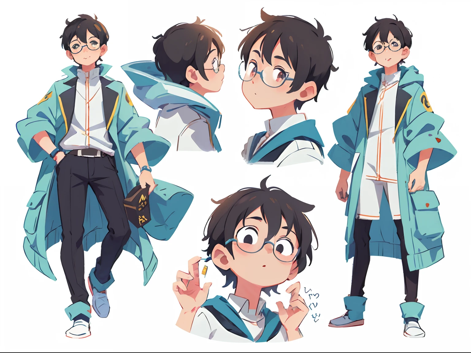 Anime style, 1 boy, full bodyesbian, modern, short detailed hair, Glasses,  White background,  Fashionab,sense of science and technology