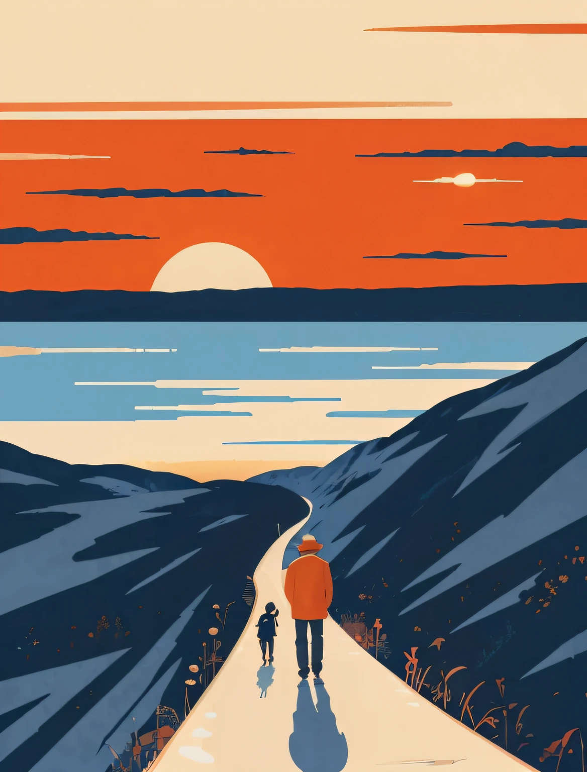 There was a man walking down the path with a suitcase, sunset illustration, inspired by Emiliano Ponzi, artwork about a road to freedom, illustration!, Poster illustration, author：Zoran Mušić, travel poster, going forward to the sunset, author：Hamish MacDonald, inspired by mads berg, author：Andre Bonnevi, (author：Tom Purvis)