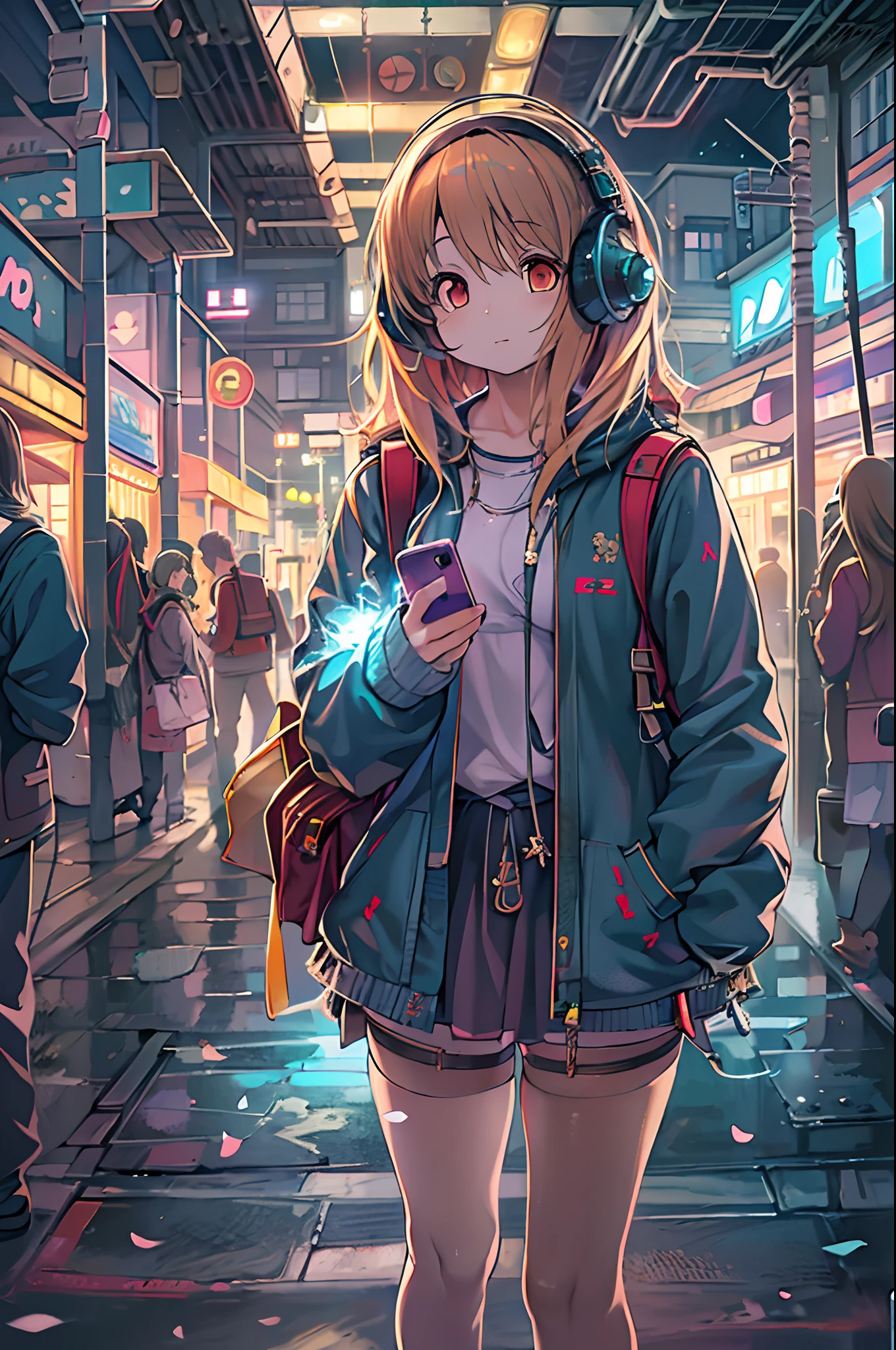 Anime girl with headphones and backpack looking at mobile phone, anime style 4 k, alice x. zhang, digital anime art, nightcore, digital anime illustration, digital art in anime style, anime art wallpaper 4k, anime art wallpaper 4k, anime art style, anime digital art, anime style artwork, Anime style. 8K, Detailed Digital Anime Art