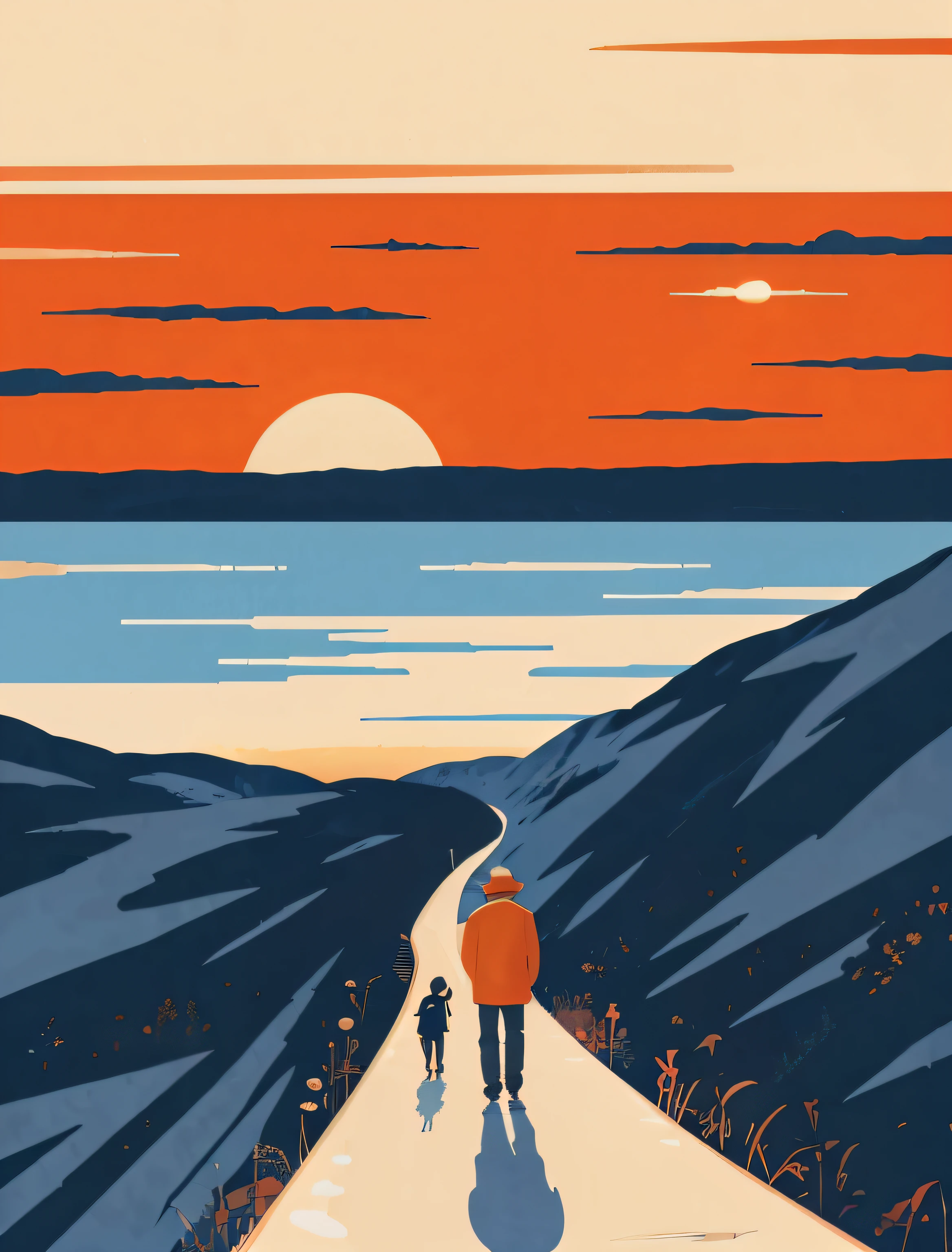 There was a man walking down the path with a suitcase, sunset illustration, inspired by Emiliano Ponzi, artwork about a road to freedom, illustration!, Poster illustration, author：Zoran Mušić, travel poster, going forward to the sunset, author：Hamish MacDonald, inspired by mads berg, author：Andre Bonnevi, (author：Tom Purvis)