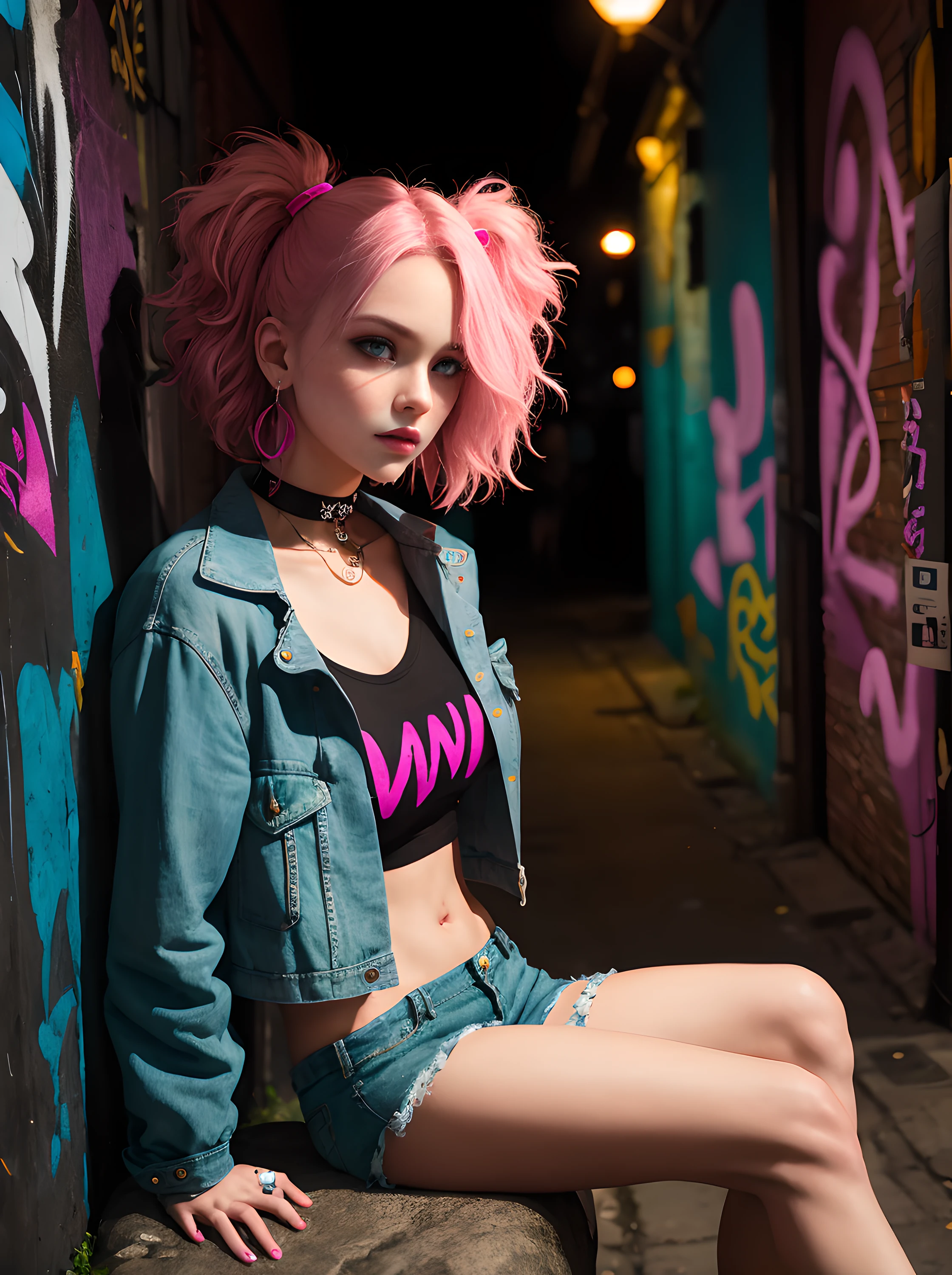 (Masterpiece, Best Quality, 1girl, solo, intricate details, chromatic aberration), Realistic, ((Middle Breath)),hairlong, pink hair, Decoration on a red head, Pink highlights, hair above one eye,violet eyes, earings, sharp eyes, Choker, neon shirt, open jacket, crop-top, (symmetry eyes),(perfect symmetrical body),sitting on a stone, Pursed knees, Holding his leg with his hand, Hand at the bottom, graffiti, dim lighting, alley ,Look at the viewer, (intricate details:0.9), (hdr, hyperdetailed:1.2), (natural skin texture, hyperrealism, soft light, sharp)