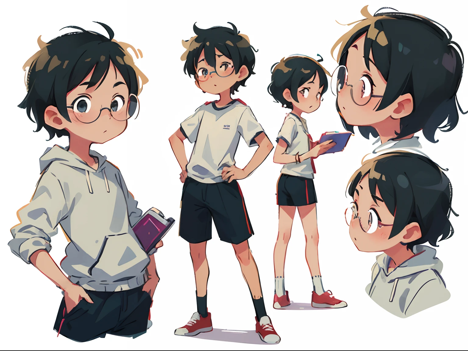Anime style, 1 boy, full bodyesbian, modern, short detailed hair, Glasses, Sportswear，vivaciousness， White background,  Fashionab,sense of science and technology