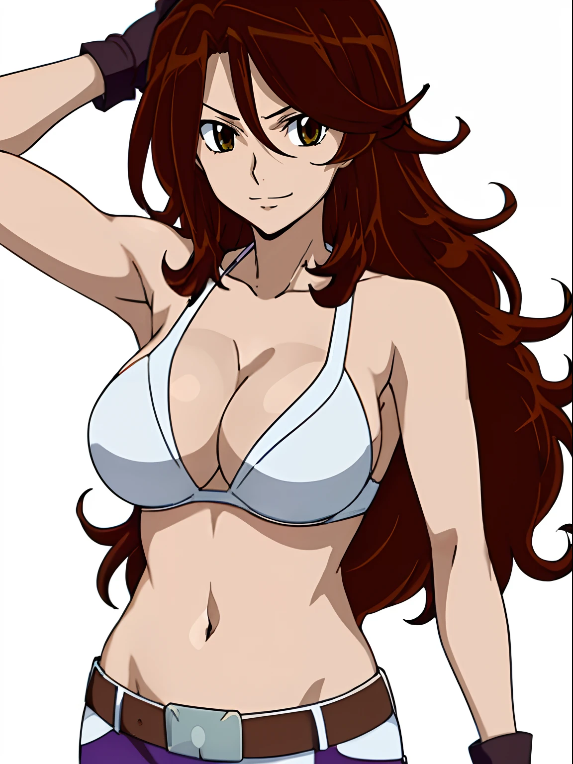 athlete, cowboy shot, ((solo)), Best Quality, hires, curvy midsection, (tilt head, defined weak muscles, detailed muscles), smile, happy), upper body only, anime style: 1.8, anime drawing, ultra detailed face, ultra detailed body, 4k, Sumergai Lee Noriega, (standing), best quality, anime style, hires, highest definition, digital blending, bold drawing lines, (((White Background))), ( (defined muscles), long attractive belly, slim body, ((strong arm muscles)), broad shoulders , off-shoulders, closed fists, (slutty bra, shorts, white gloves, , arm band, (champion belt))), (large breasts, defined cleavage, closed mouth, sexy navel, shiny skin), (big eyes, brown eyes, shiny eyes), (reddish hair, loose hair, curly hair, wavy hair, long hair, floating hair)