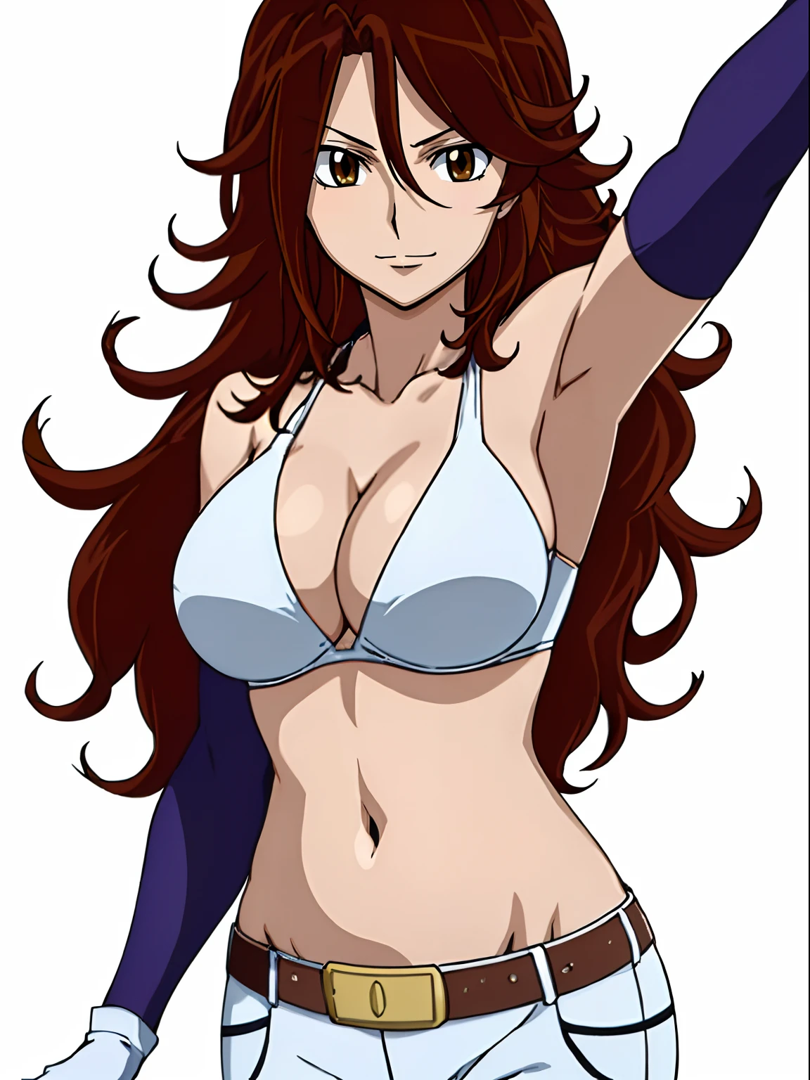 athlete, cowboy shot, ((solo)), Best Quality, hires, curvy midsection, (tilt head, defined weak muscles, detailed muscles), smile, happy), upper body only, anime style: 1.8, anime drawing, ultra detailed face, ultra detailed body, 4k, Sumergai Lee Noriega, (standing), best quality, anime style, hires, highest definition, digital blending, bold drawing lines, (((White Background))), ( (defined muscles), long attractive belly, slim body, ((strong arm muscles)), broad shoulders , off-shoulders, closed fists, (slutty bra, shorts, white gloves, , arm band, (champion belt))), (large breasts, defined cleavage, closed mouth, sexy navel, shiny skin), (big eyes, brown eyes, shiny eyes), (reddish hair, loose hair, curly hair, wavy hair, long hair, floating hair)