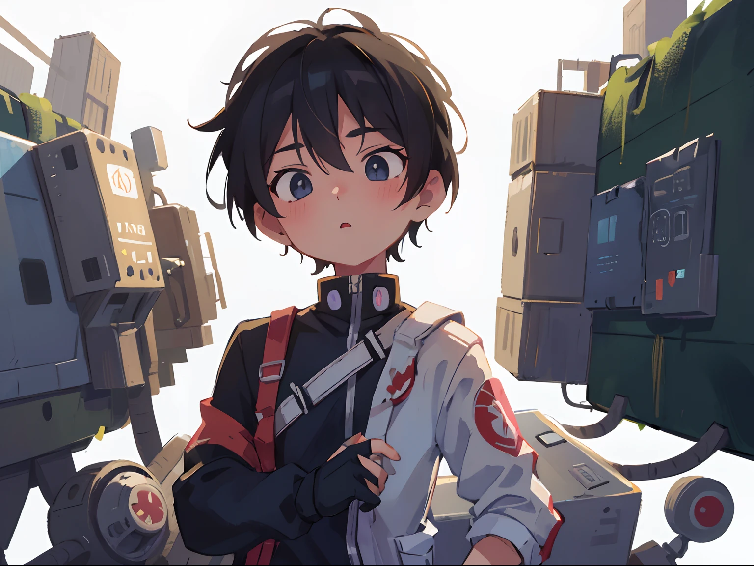 Anime style, 1 boy, full bodyesbian, modern, short detailed hair,  White background,  Fashionab,sense of science and technology，cyber punk perssonage