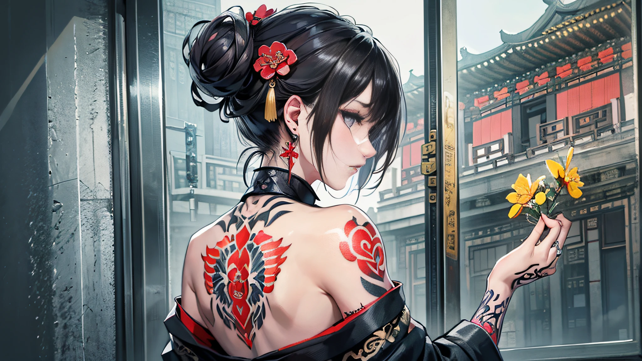 (masterpiece best quality:1.4),1girl, (tattoo of chinese text:1.5), solo, back tattoo, hair flowers, long hair, blue eyes, looking at viewer,back tattoo,tattoo,looking back, from behind, black hair, tassel, bare shoulders, hanfu, chinese clothes,back, bangs, upper body, earrings, indoors, nape, off shoulder, jewelry, eyelashes, lips, back focus, profile, hair bun, sliding doors, piercing, single hair bun,