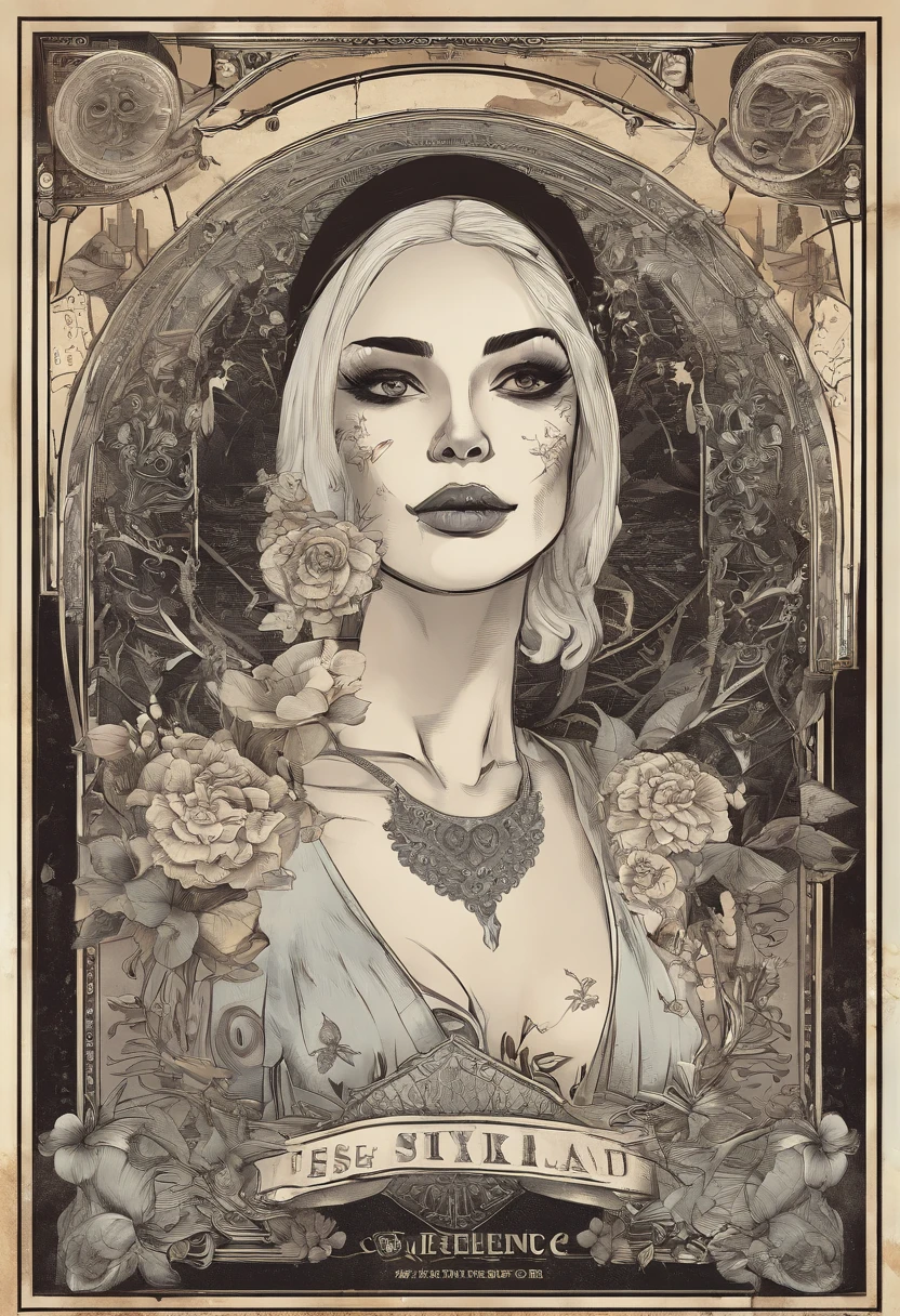 ((best quality)) , ((masterpiece)) , (detailed) ,(Tarot card illustration:1.1),loungewear, buxom American Beauty of Excellence, No makeup, Face Tattoos, Realistic, Smirking, Dollpunk, 50mm, 8k resolution