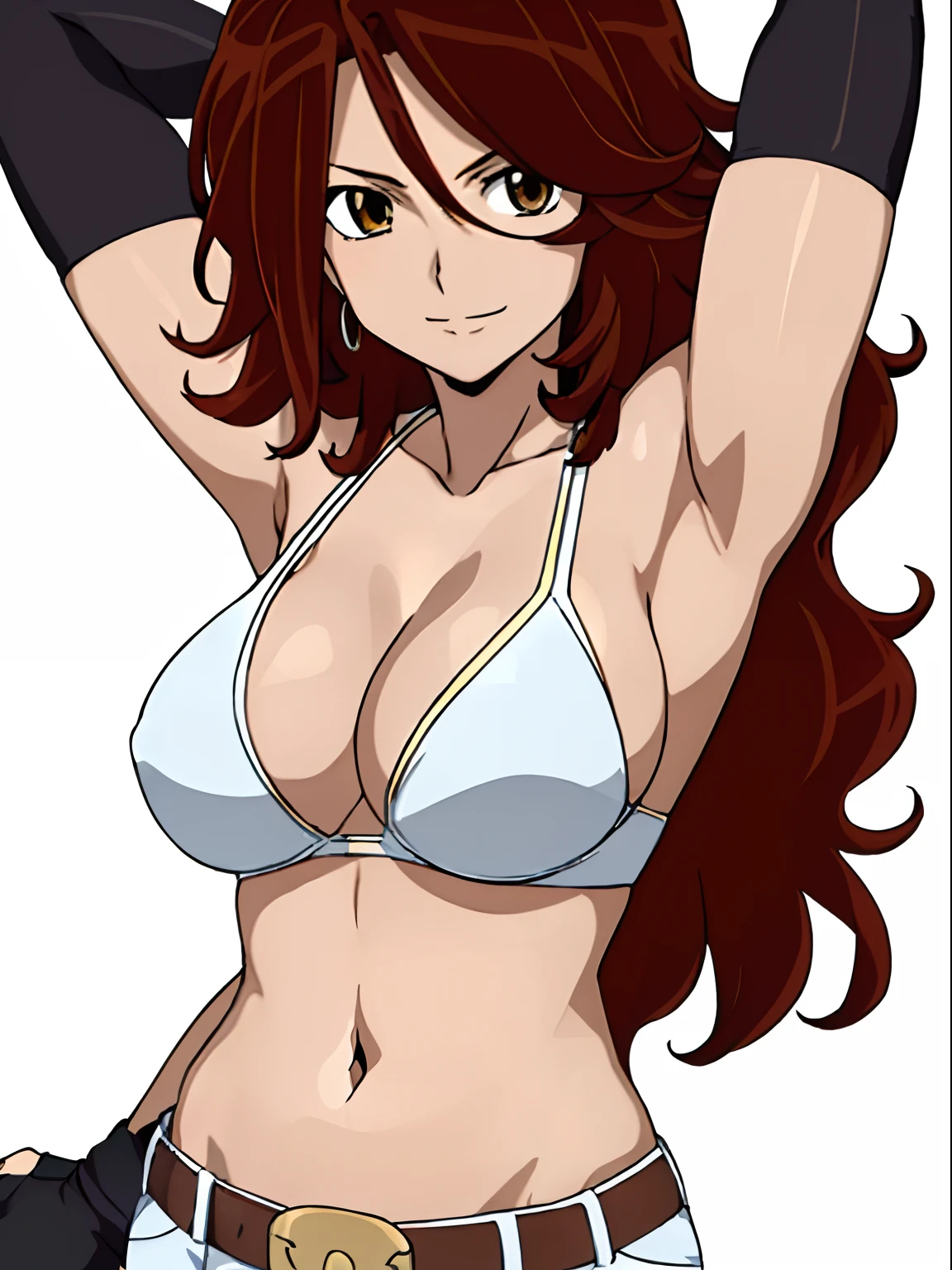 athlete, cowboy shot, ((solo)), Best Quality, hires, curvy midsection, (tilt head, defined weak muscles, detailed muscles), smile, happy), upper body only, anime style: 1.8, anime drawing, ultra detailed face, ultra detailed body, 4k, Sumergai Lee Noriega, (standing), best quality, anime style, hires, highest definition, digital blending, bold drawing lines, (((White Background))), ( (defined muscles), long attractive belly, slim body, ((strong arm muscles)), broad shoulders , off-shoulders, closed fists, (slutty bra, shorts, white gloves, , arm band, (champion belt))), (large breasts, defined cleavage, closed mouth, sexy navel, shiny skin), (big eyes, brown eyes, shiny eyes), (reddish hair, loose hair, curly hair, wavy hair, long hair, floating hair)