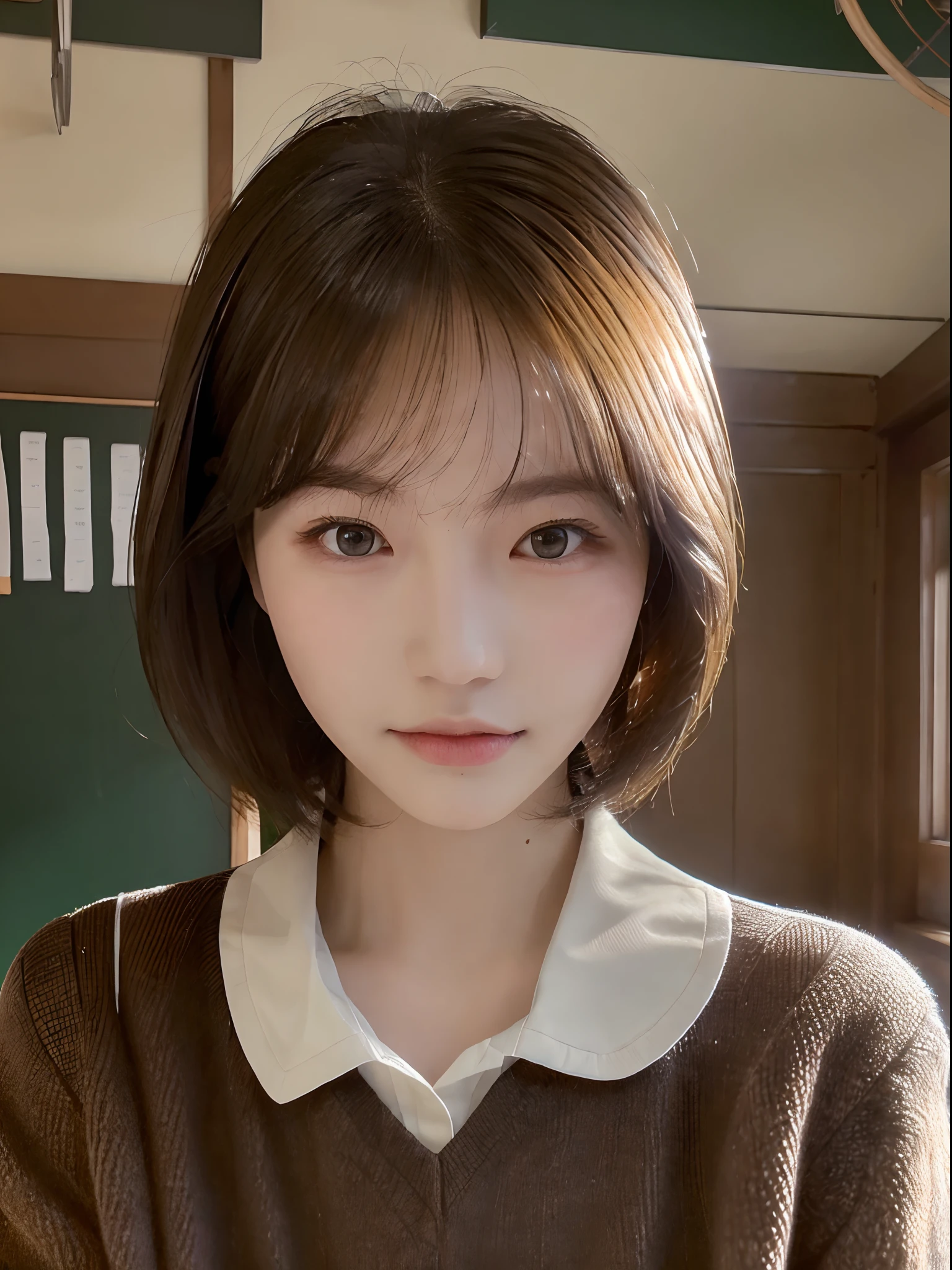 (Best quality, High resolution, Masterpiece :1.3), A tall and pretty woman with slender figure, (Dark brown short hair), Wearing school uniform, In classroom, Details exquisitely rendered in the face and skin texture, Detailed eyes, Double eyelid