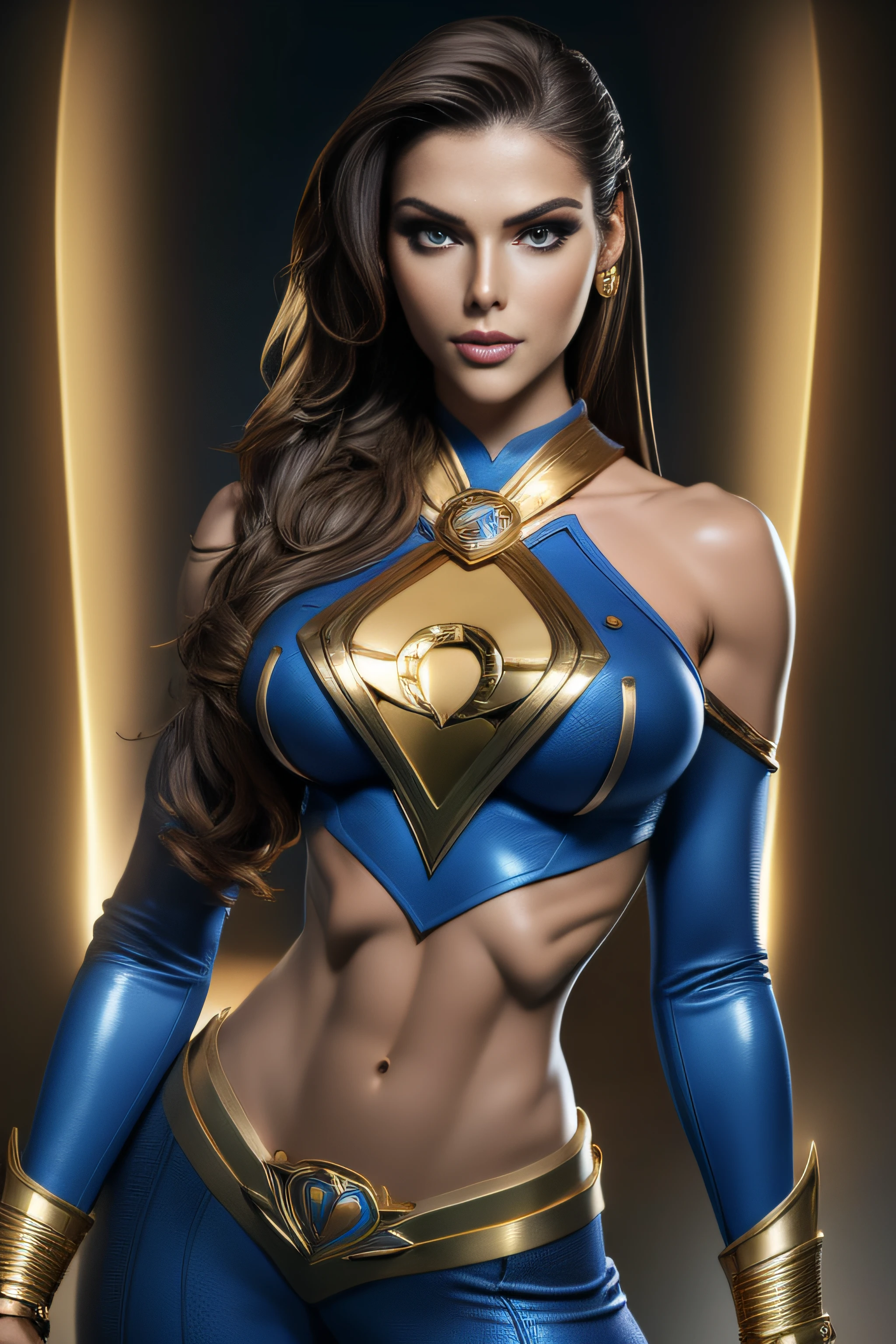 Sexy superheroine  wears a blue outfit gold shoulder pads gold bracelets revealing abs midriff a Z symbol on her chest portrait photography by artgerm, in the style of realism, glistening skin, cartooncore, mangacore, natural lighting, Defined full lips. Muscular fitness feminine body