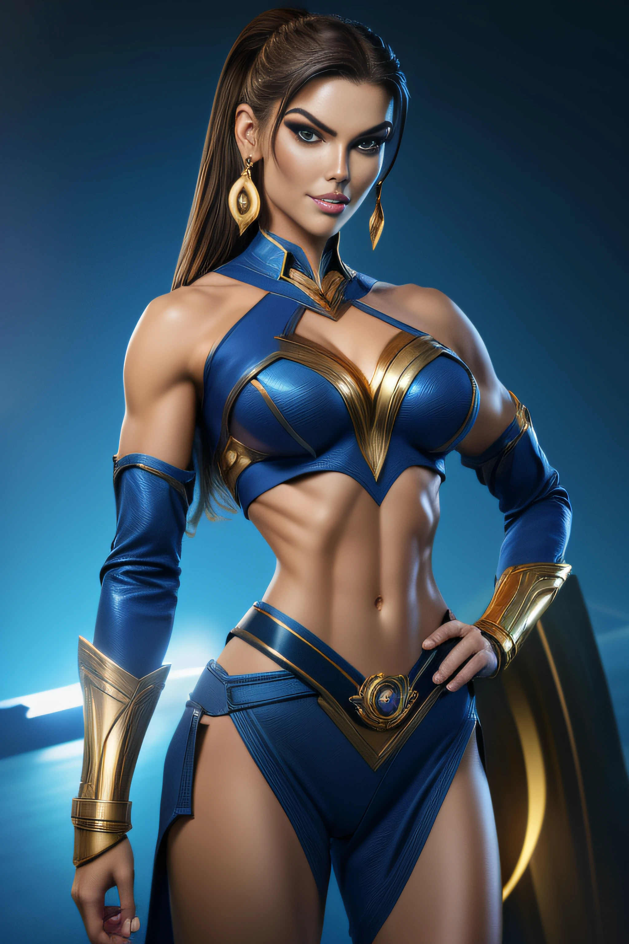 Sexy superheroine  wears a blue outfit gold shoulder pads gold bracelets revealing abs midriff a Z symbol on her chest portrait photography by artgerm, in the style of realism, glistening skin, cartooncore, mangacore, natural lighting, Defined full lips. Muscular fitness feminine body