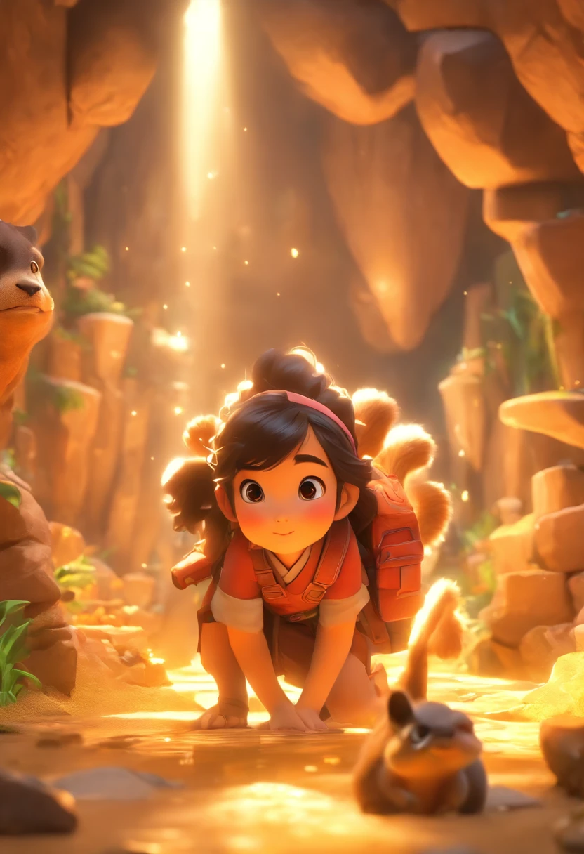（Pixar style),A -year Chin girl，In a cave，Large backpack，A chest full of gold coins and gems，A squirrel，A dinosaur，Miniature character model, Light source from right to left, Rum lighting, Light source from right to left, Realistic proportions, Post-processing, ((Orthogonal perspective)), Super detail, Realistic, Super realistic, photoreal render,