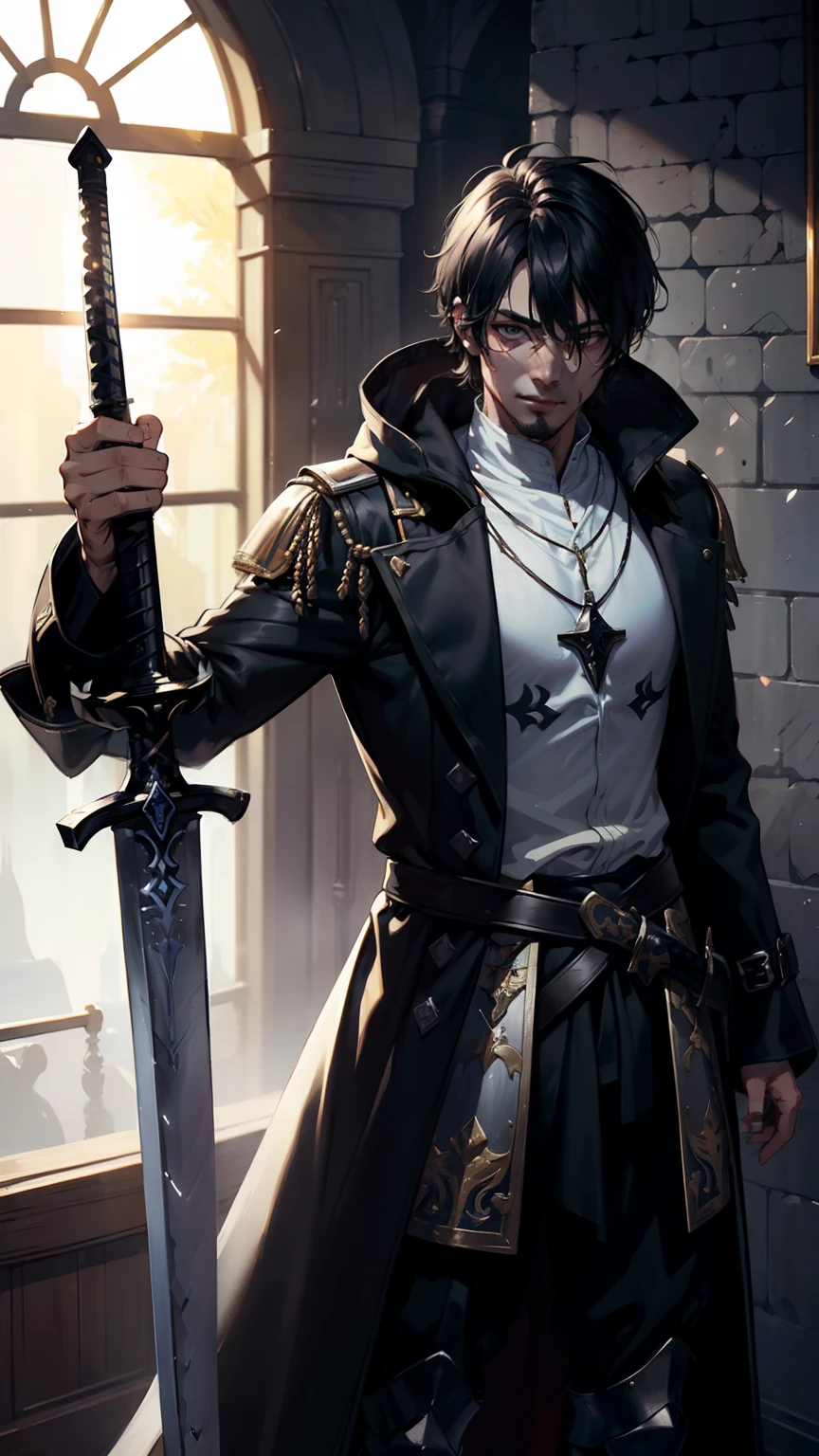 (((((male))))), ((ugly face)), masterpiece, ultra detailed, 8K Portrait, Raw photo, man's portrait photography, full body, Highly detailed face, ((Fantasy)), 42 years old, 1 man, grin, (((fighter))), laugh heartily, standing with hands on hips, (((black voluminous short hair))), (((white skin color))), ((black full metal armor)), (((long coat))), (((carrying a very long sword))), Midday Sun, Hyper realistic, Long legs, in the medieval adventurer's guild, Ambient lighting, Shadow details , Camera focus on face, Light fog